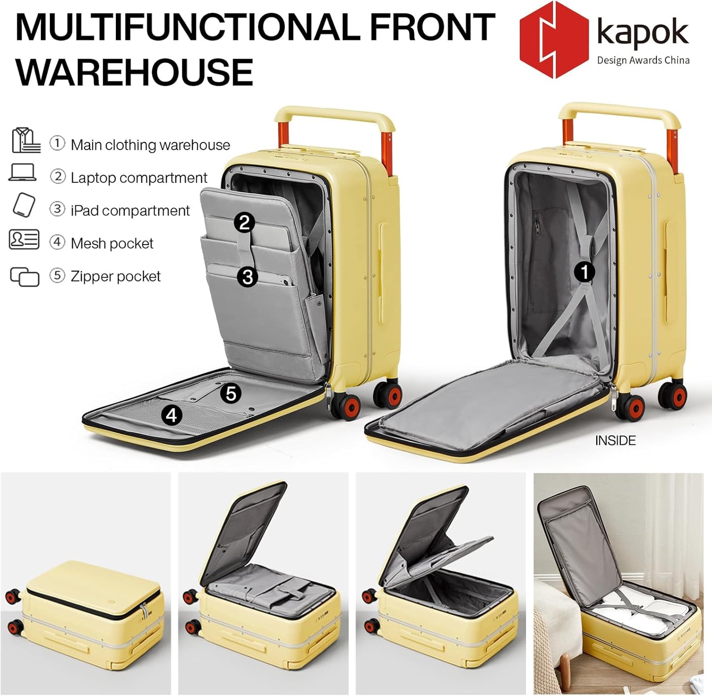 mixi Carry On Luggage Wide Handle Luxury Design Rolling Travel Suitcase PC Hardside with Aluminum Frame Hollow Spinner Wheels, with Cover, 20 inch, Lark Yellow