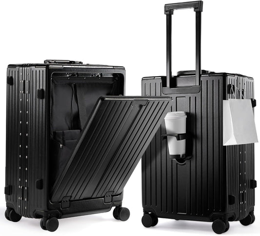 UrbanExplorer 20 Inch Carry On Luggage TSA Approved, Aluminum Frame Zipperless Luggage Carry On with Compartment for Short Trips, ABS+PC Hard Shell Suitcases with Spinner Wheels, Black