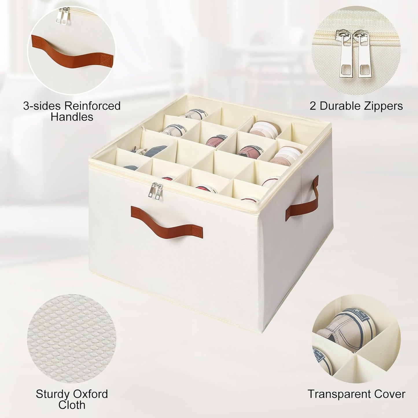 Shoe Organizer for Closet, Foldable Shoe Storage Bins with Clear Cover, Large Shoe Box Storage Container with Adjustabele Dividers, Fits up to 16 Pairs, White