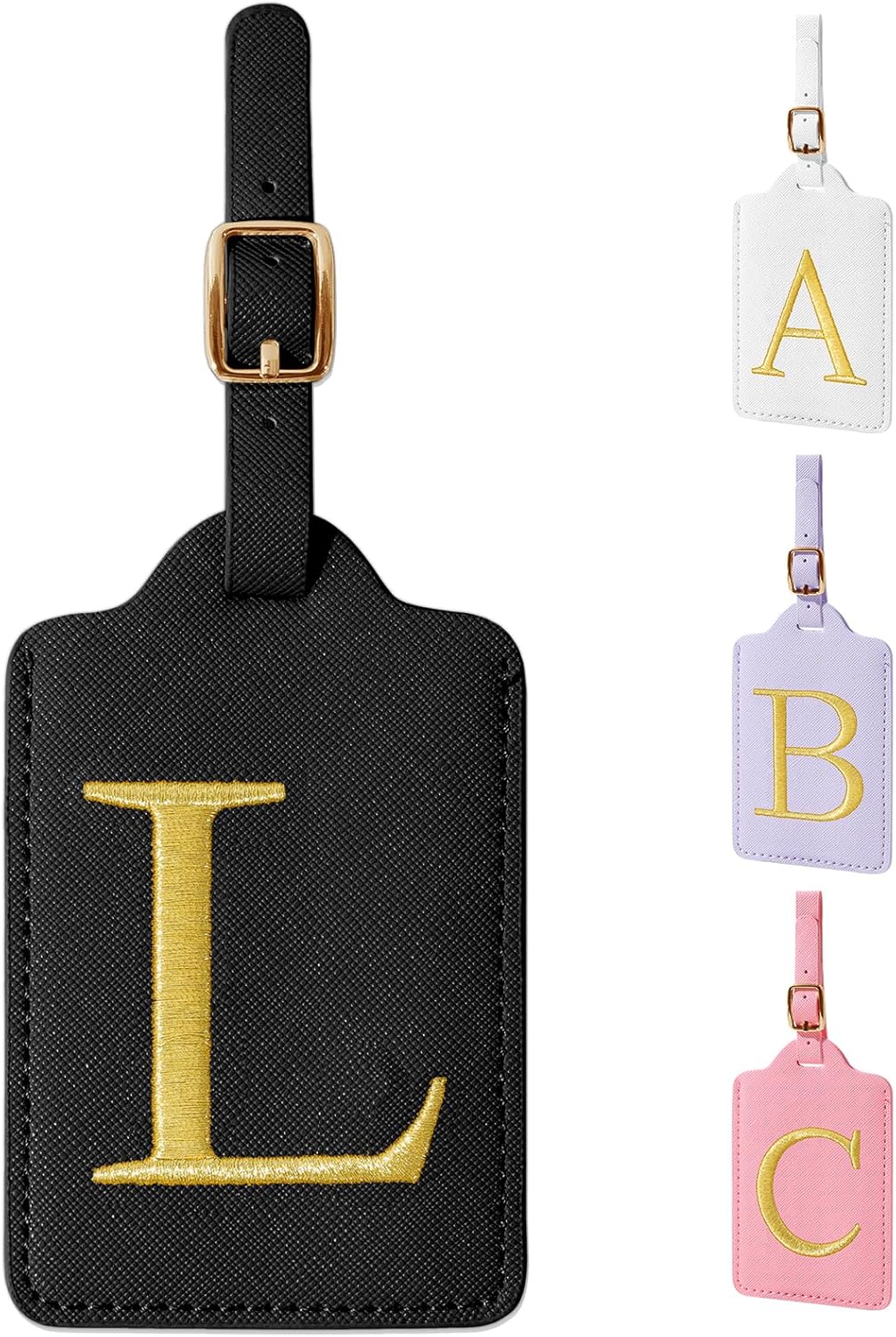 Personalized Initial Luggage Tags for Suitcase TSA Approved, Black Leather Cute Luggage Tag with Privacy Cover Name Card, Embroidered Custom Luggage Tags Travel Backpack Tags Gifts for Women Kids(L)