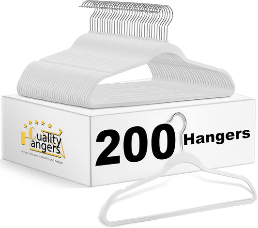 Quality Hangers Clothes Hangers 200 Pack - Non-Velvet Plastic Hangers for Clothes, 17.5 inch Coat Hanger Set -Space-Saving Closet Hangers with Chrome Hook, Functional Non-Flocked Hangers, Cream White