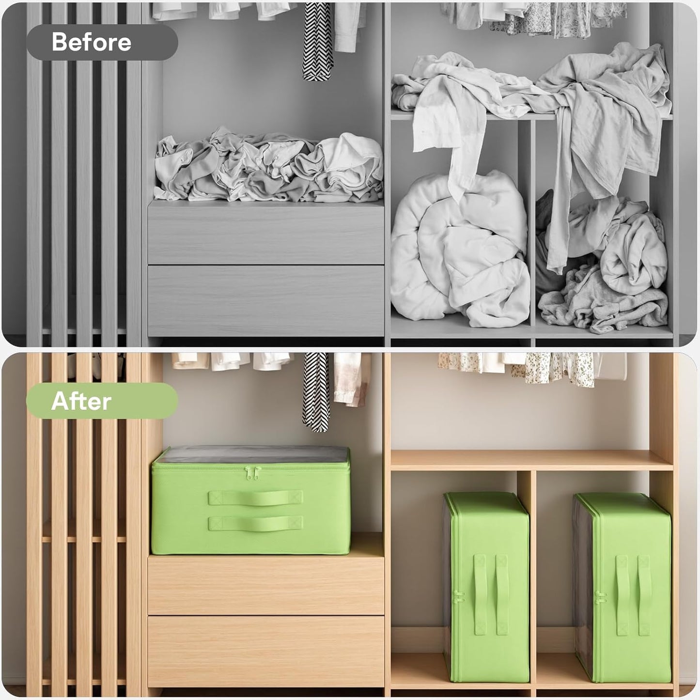 Clothes Storage Bags, Foldable Thick Fabric Blanket Storage Bags, Large Clear Window & Carry Handles, Great for Clothes, Blankets, Closets, Pillows, Toys (Green, Extra-2Pack)