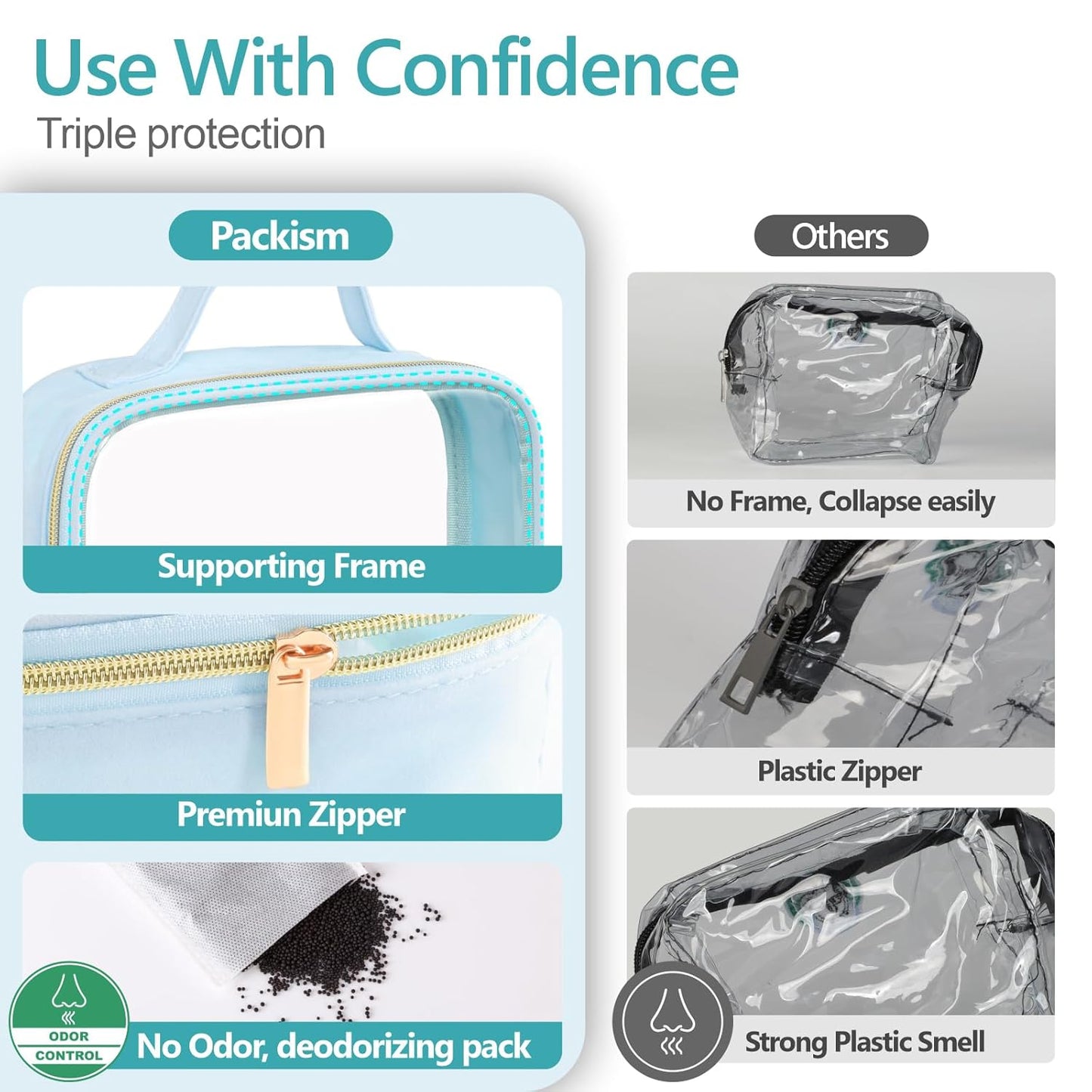 PACKISM Clear Makeup Bag - 3 Pack TSA Approved Toiletry Bag with Handle and 180° Large Opening, Sturdy Clear Toiletry Bag Fit Carry-on Travel Essential, Travel Bags for Toiletries, Ice Blue