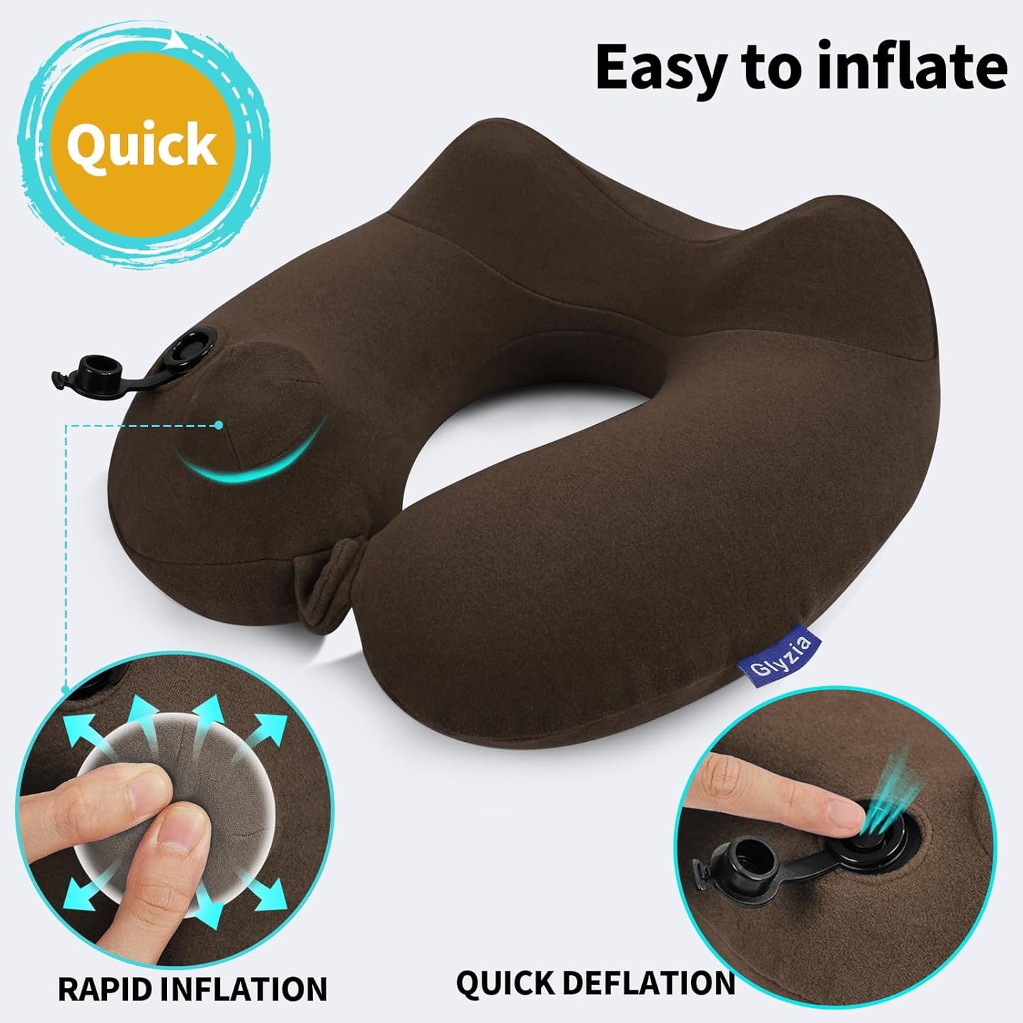 Inflatable Travel Neck Pillow for Airplane, Head Support Velvet Adult Neck Pillow for Long Flight, Kit with Eye Mask, Earplugs and Storage Bag,1, Brown