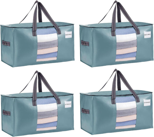 VENO 4 Pack Moving Bags, Comforter and Blanket Storage Bags for Closet, Moving Boxes, Boxes with Lids Alternative, College Dorm Packing Supplies, Foldable Heavy-Duty Tote (Shiny Light Blue, 4 Pack)
