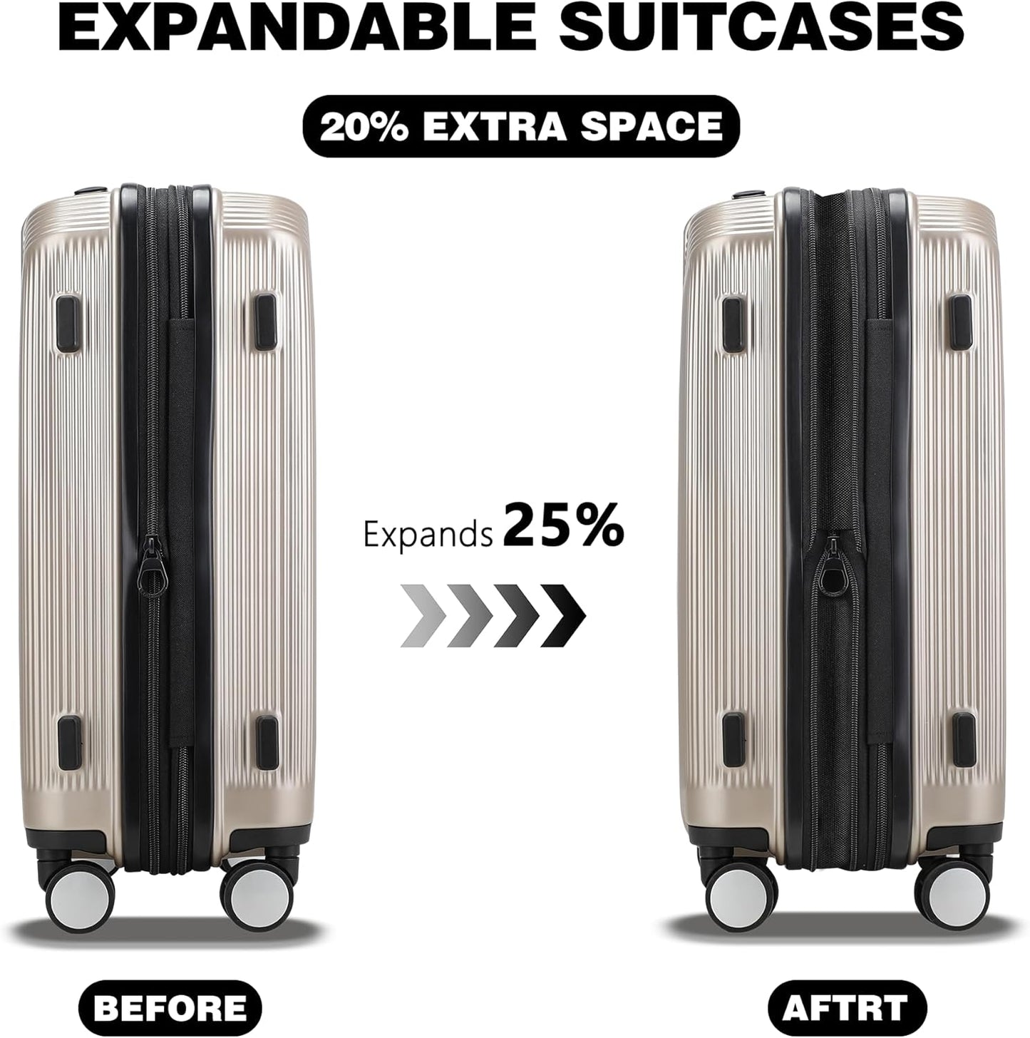 20 Inch Lightweight Expandable Carry On Luggage, PC Hardside Suitcase with Spinner Wheels & TSA Lock, Carry-on 20-Inch, Champagne