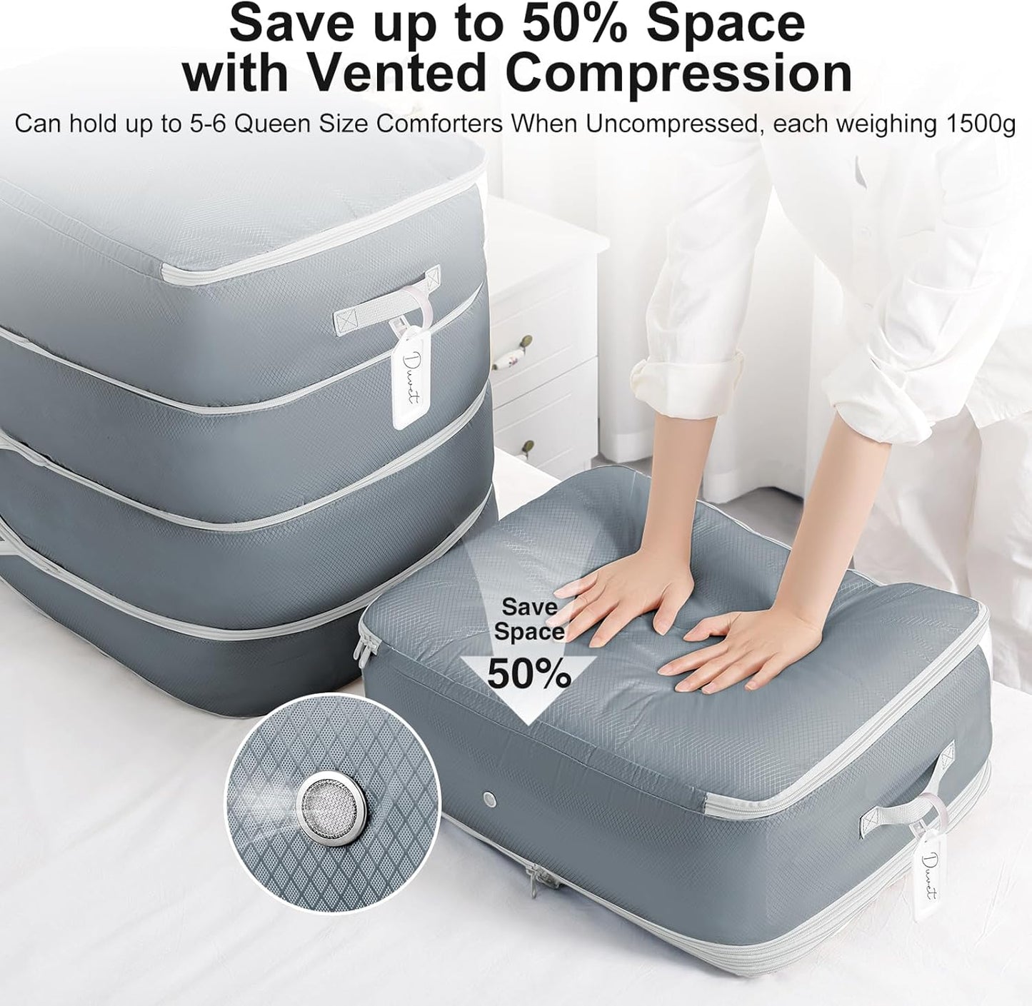 Comforter Storage Bag - 130L Large Capacity Blanket Storage Bags 4-Layer Ultra Space Saving Self Compression Organizer, Washable Compression Bags for Storage Comforter Blanket, 4-Pack, Grey