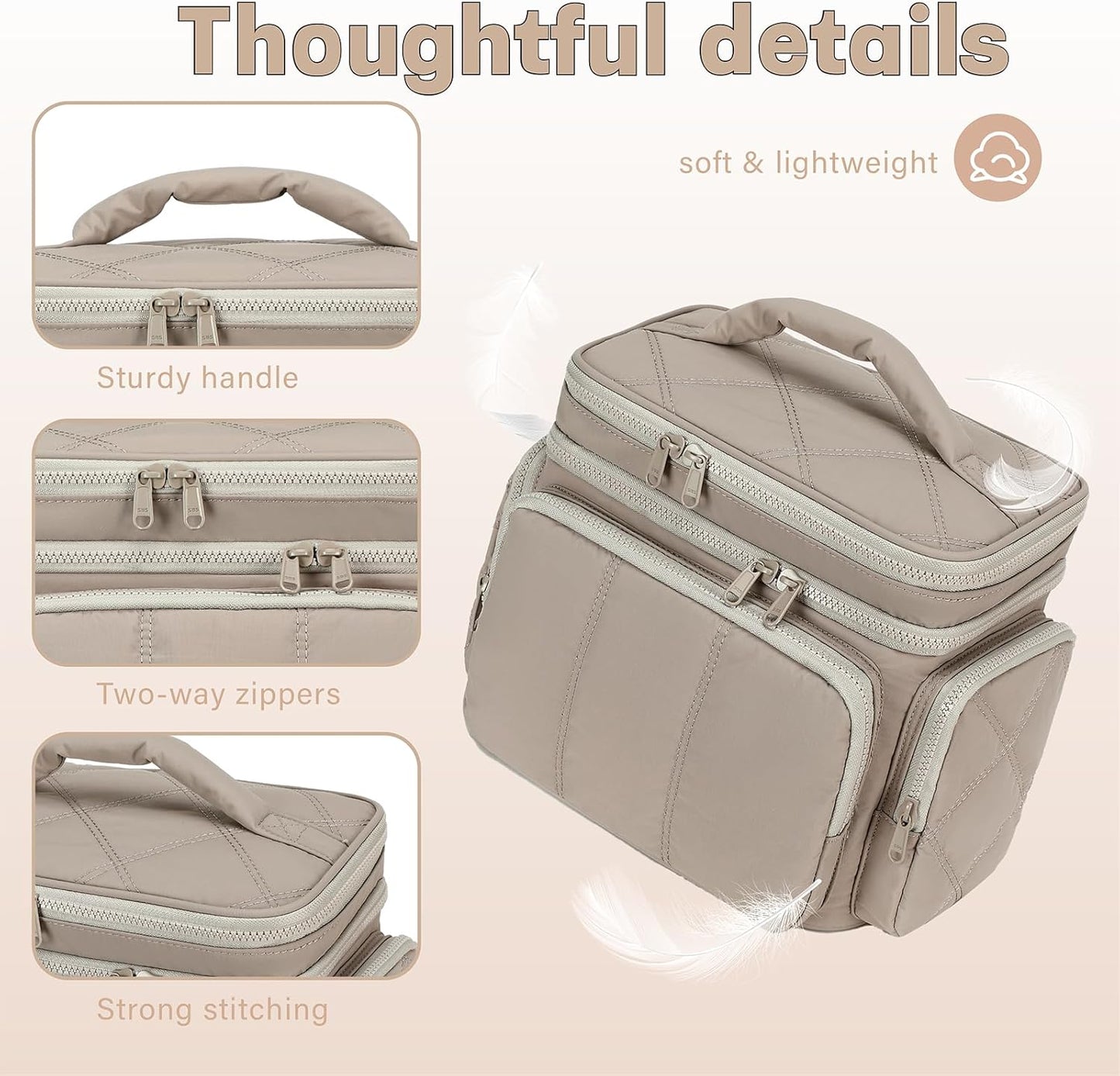 LEDAOU Toiletry Bag for Women,Quilted Travel Makeup Bag Organizer with Double Deck, Large Wide-open Cosmetic Make up Bag for Travel Essentials (Camel)