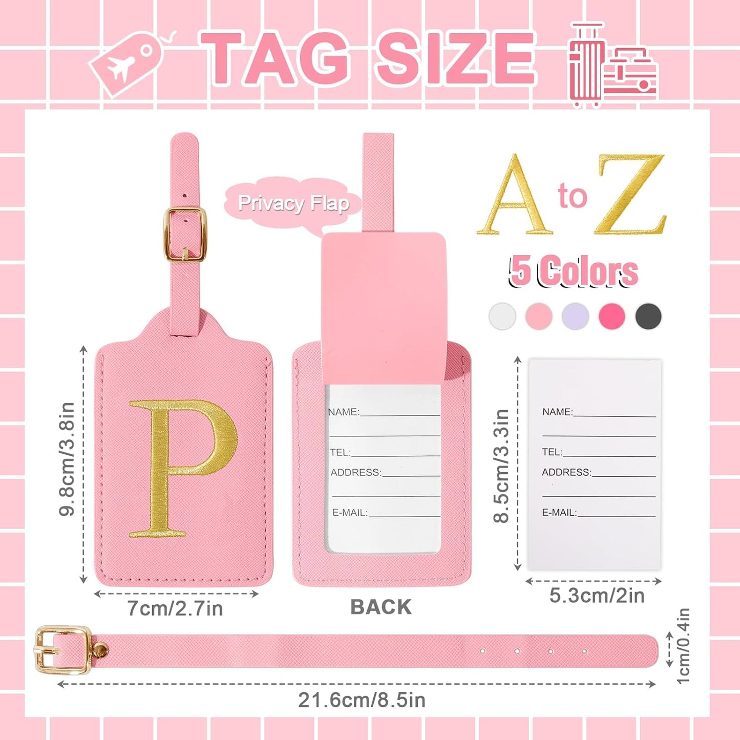 Personalized Initial Luggage Tags for Suitcase, Pink Leather Cute Luggage Tags with Privacy Cover Name Card, Embroidered Custom Monogrammed Luggage Tag Travel Bag Baggage Tags Gifts for Women Kids(P)