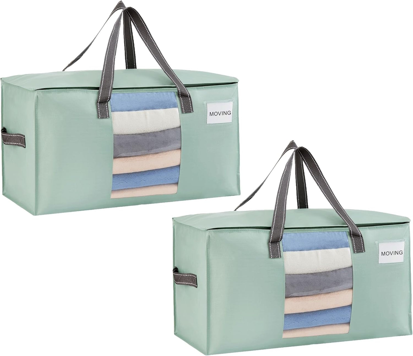 VENO 2 Pack Moving Bags, Comforter and Blanket Storage Bags for Closet, Moving Boxes, Boxes with Lids Alternative, College Dorm Packing Supplies, Foldable Heavy-Duty Tote (Light Green Matte, 2 Pack)