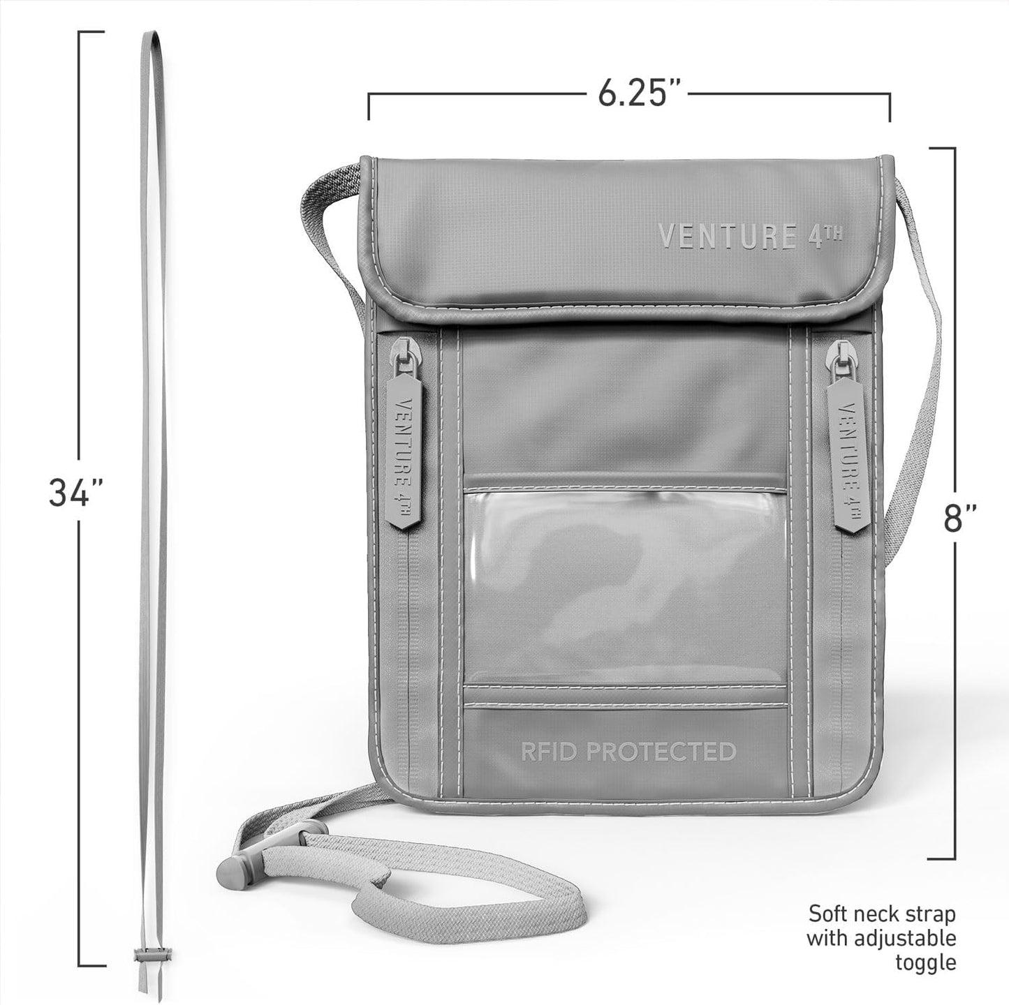 VENTURE 4TH Passport Holder Neck Wallet with RFID Blocking Nylon Lining - Hidden Neck Pouch for Travel (Sleek Silver)