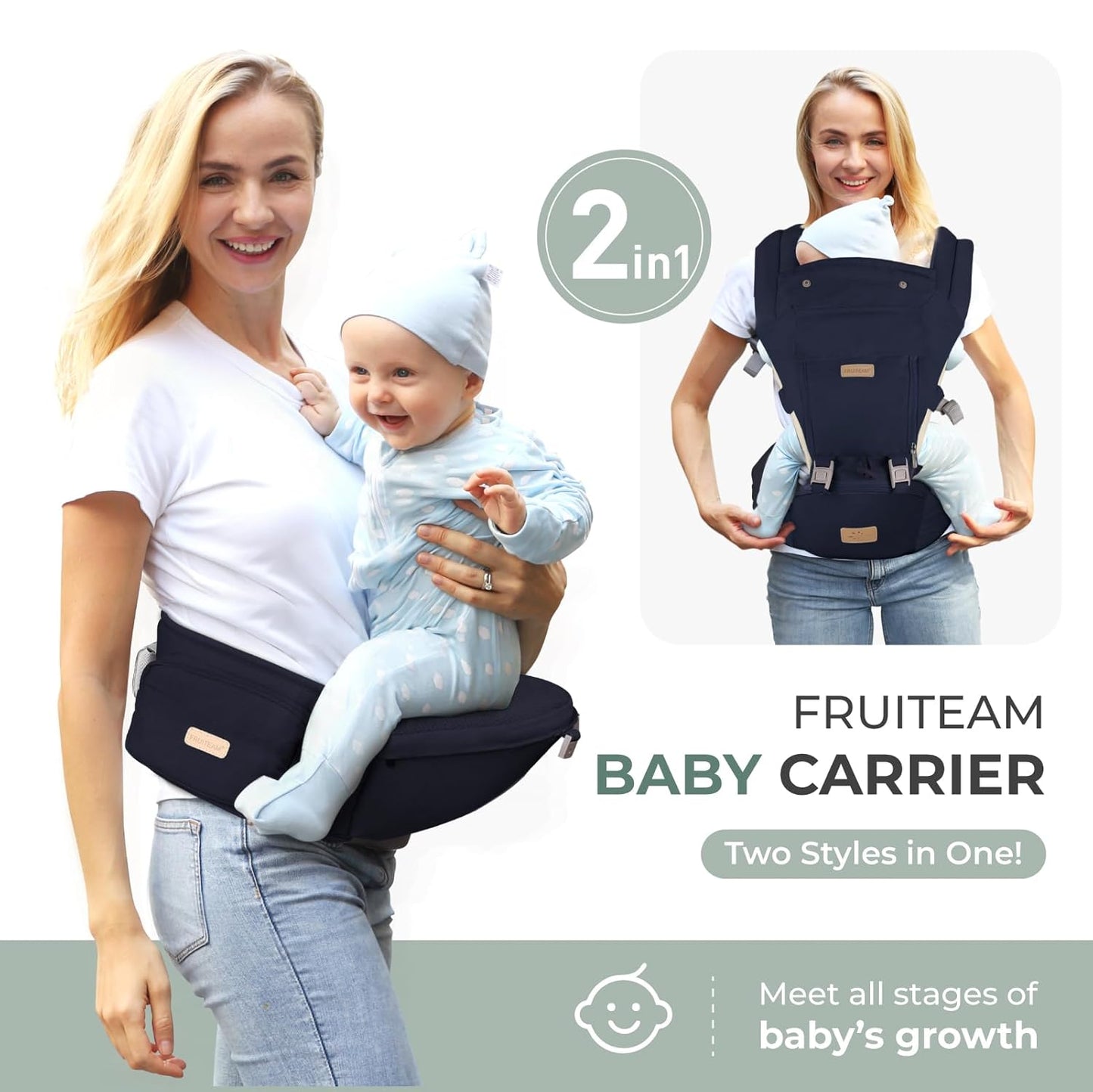 FRUITEAM Baby Carrier Newborn to Toddler, 6-in-1 Ergonomic & Adjustable Baby Carrier with Lumbar Support for All Seasons, Hands-Free, Adapt to Newborn, Infant & Toddler (Navy)