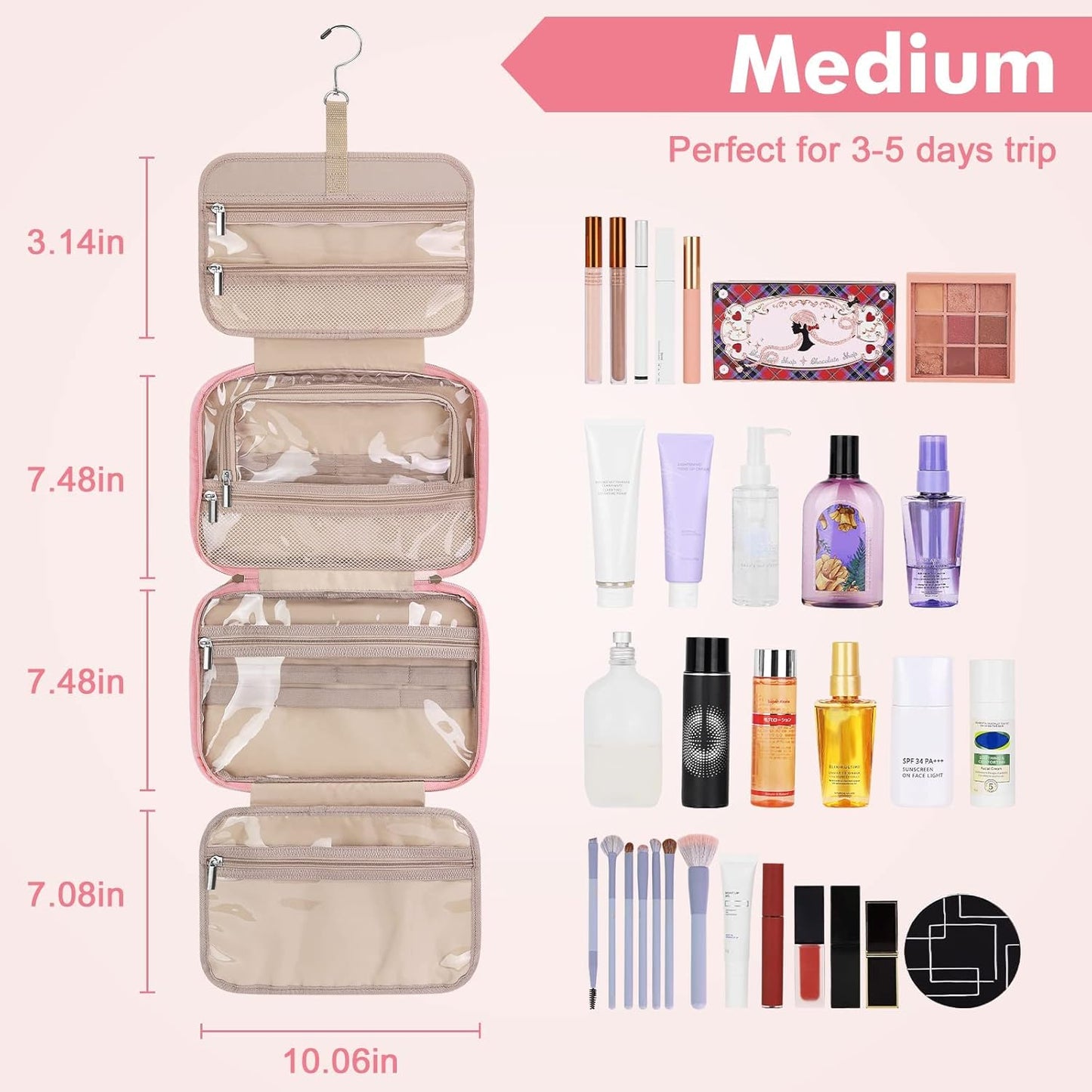Wedama Toiletry Bag for Women, Medium Cosmetic Travel Bag, Hanging Toiletry Bag for Bathroom, Thickened PVC Waterproof Makeup Bag, Toiletries Bag for Travel Business Trips and Camping, Pink