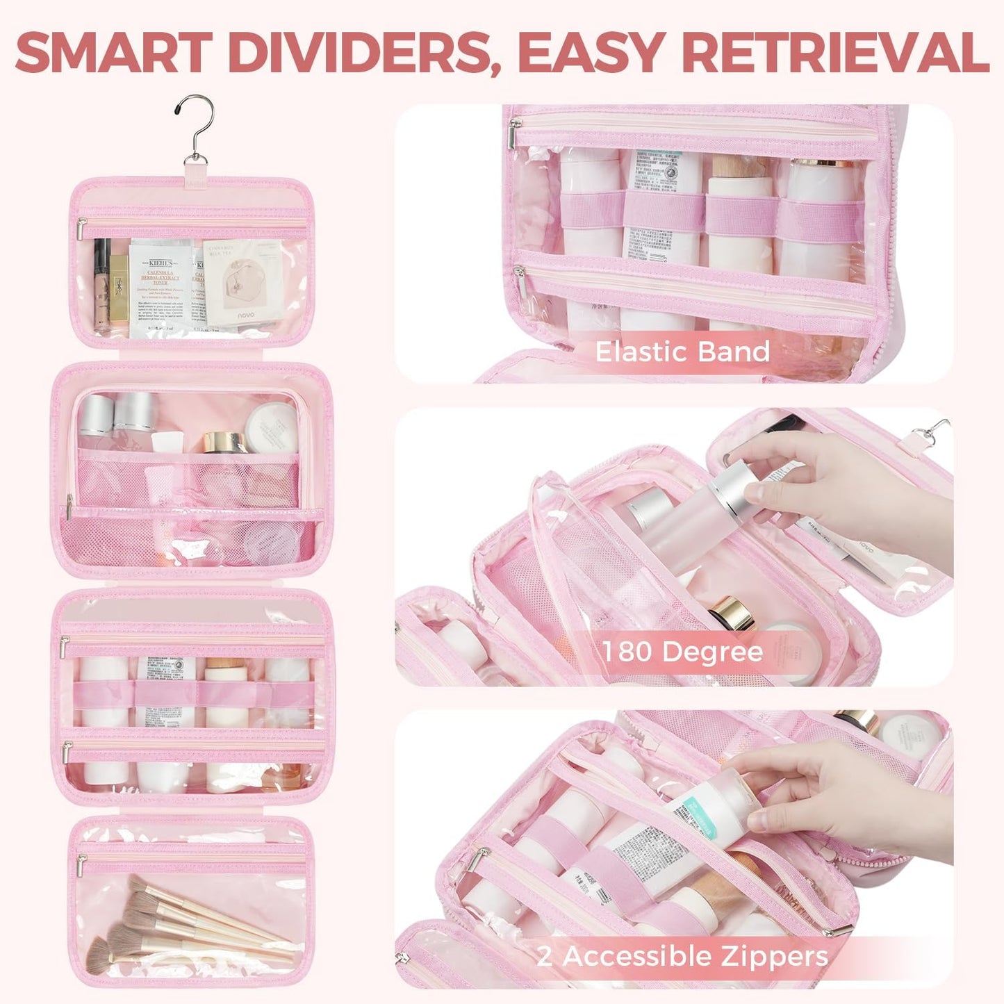 Toiletry Bag For women,Portable Hanging Organizer,4 Leakproof Compartment for full-sized Conditioner, Brushes Set, Makeup Accessories,Visible and easy to access.L-pink