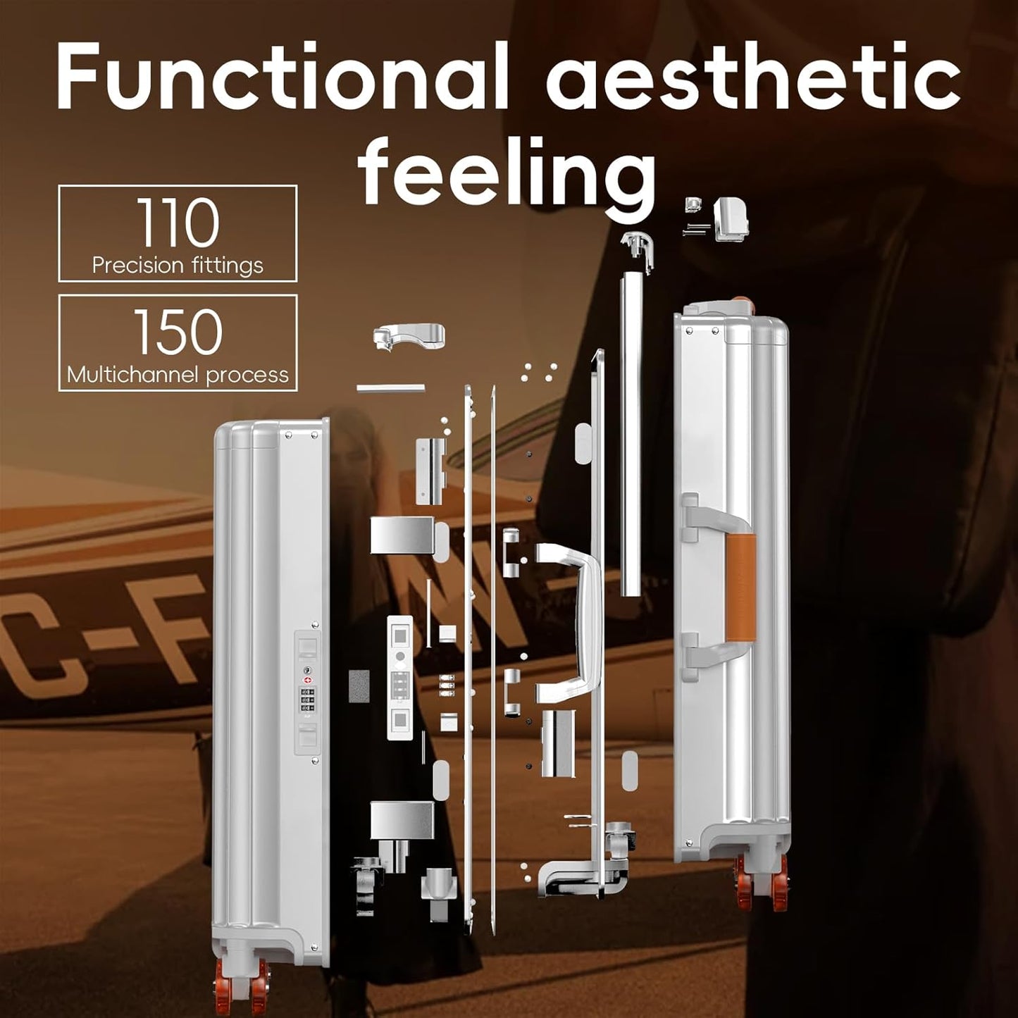 ROAMING 24 Inch Check Luggage Durable All Aluminum Hardshell Suitcase - Zipperless Luggages Airline Approved with 360° Spinner Wheels, TSA Lock, USB Port Smart Organizational Pockets （Silver orange）