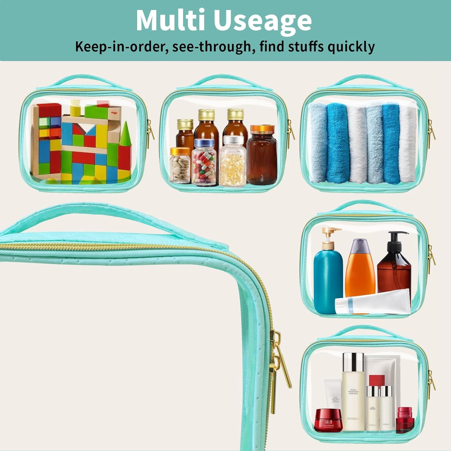 Travel Toiletry Bag,2 Pack Clear Makeup Bags with Handles,180°Opening Clear Cosmetic Bags for Traveling Women,Men,Travel Essentials,Green