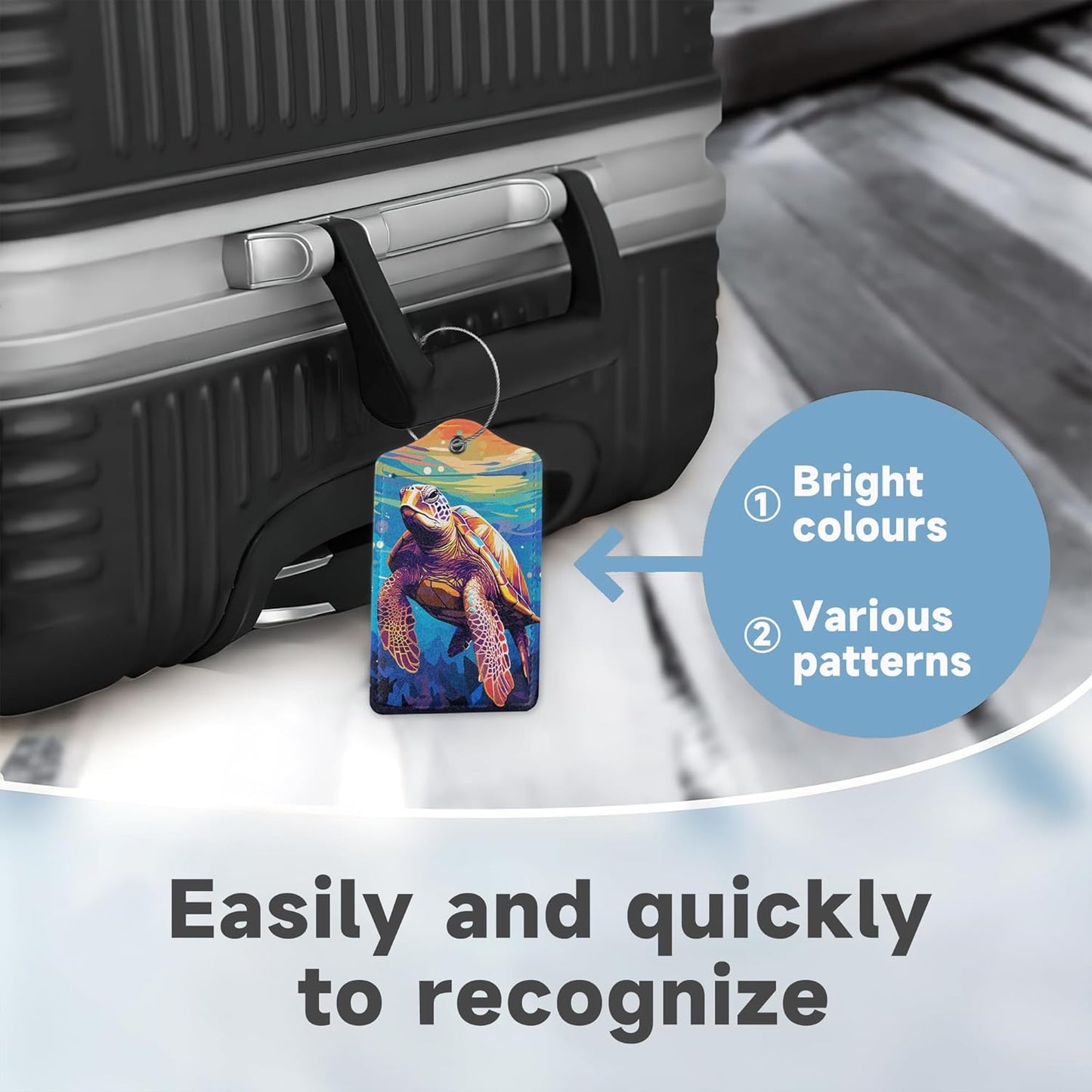 Set of 2 Luggage Tags for Suitcases, Leather Watercolor Sea Turtle Baggage Tags with Stainless Steel Loop, Privacy Name ID Card Cover Kawaii Travel Labels for Women Men Kids Girls