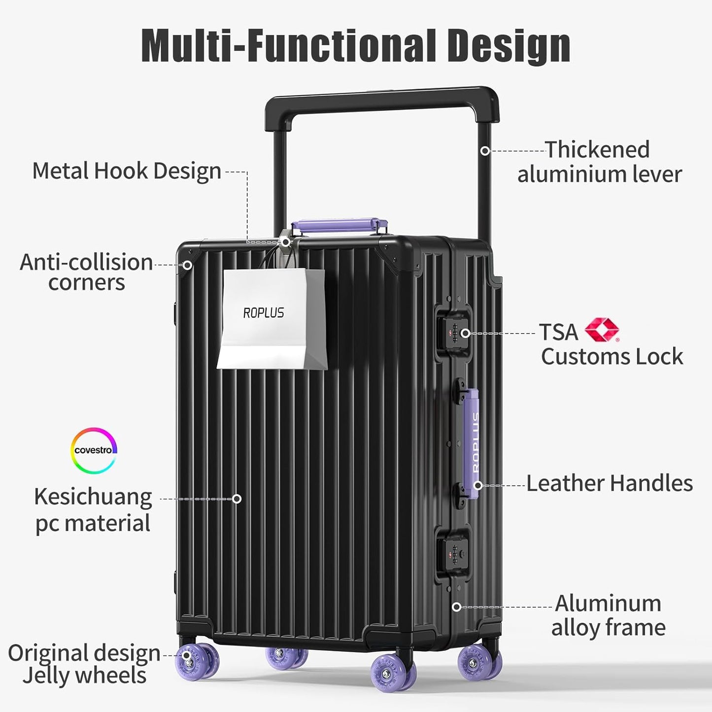 Aluminium Frame Checked-Luggage with Smooth Jelly Wheels, Hardside Zipperless Rolling Suitcase with TSA Lock (BlackPurple, 24-Inch)