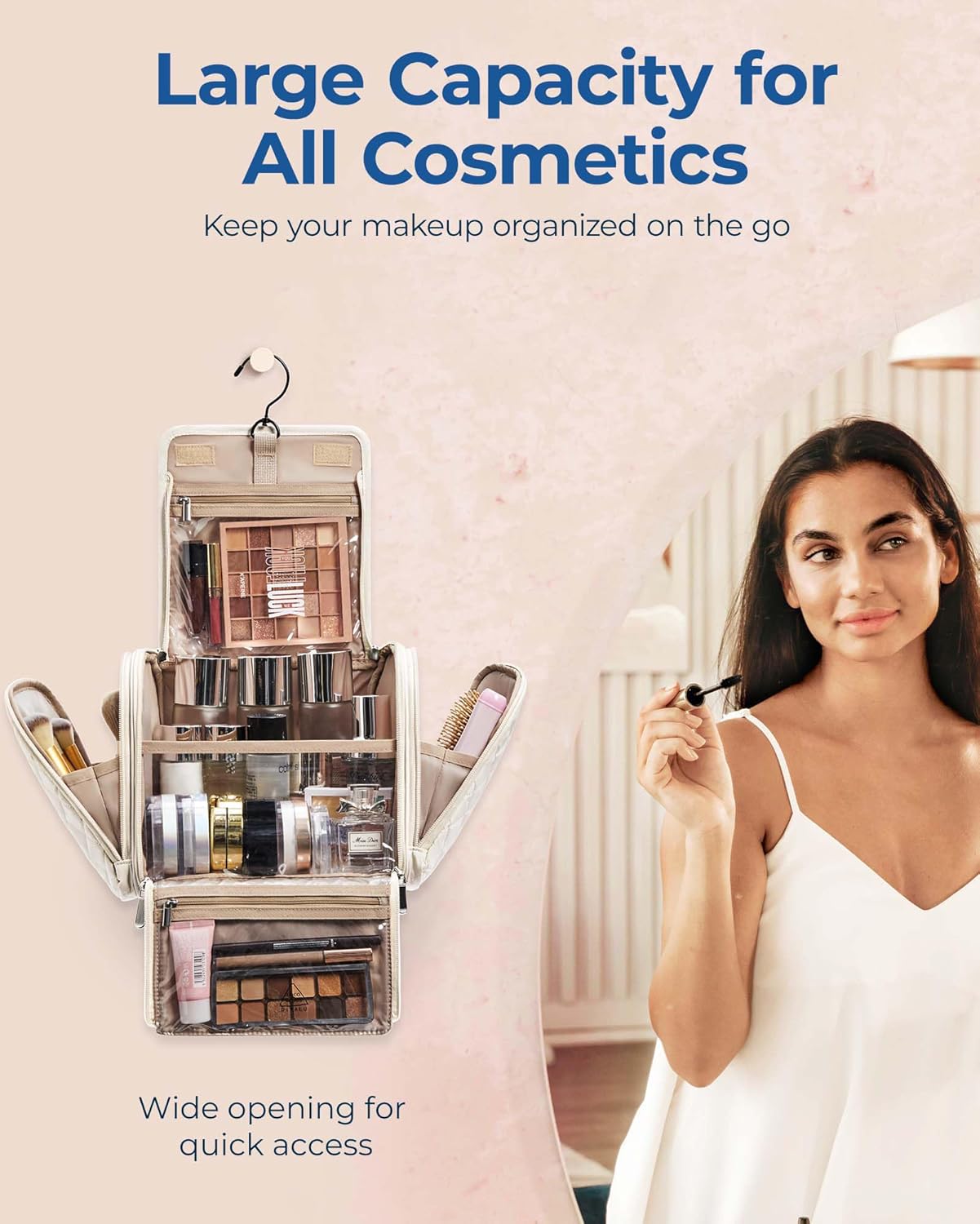 BAGSMART Makeup Bag for Women with Hanging Hook, Large Portable Capacity Water-resistant Organizer Travel Case for Toiletries and Cosmetics, Pink