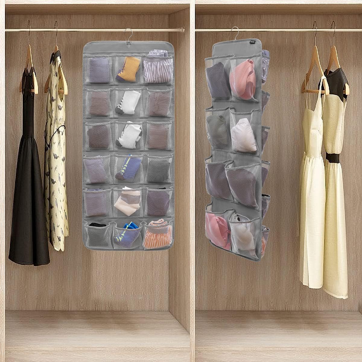 Dual-Sided Hanging Closet Organizer for Socks Underwear Bra Kids Storage Organizer for Baby Clothes Toddler Shoes with 26 Pockets (Grey-Mesh Pockets)