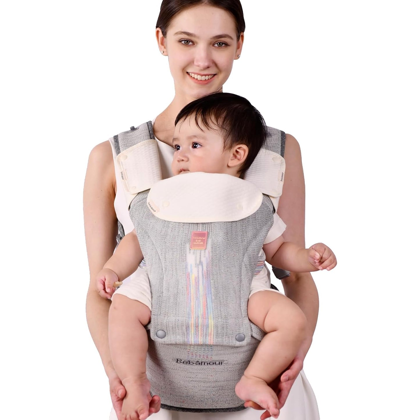 Bebamour Baby Carrier Newborn to Toddler with Hip Seat Baby Carrier Front and Back Carry Carrier with Head Hood, 3 PCS Teething Pads,Storage Bag (Gray-Knit)