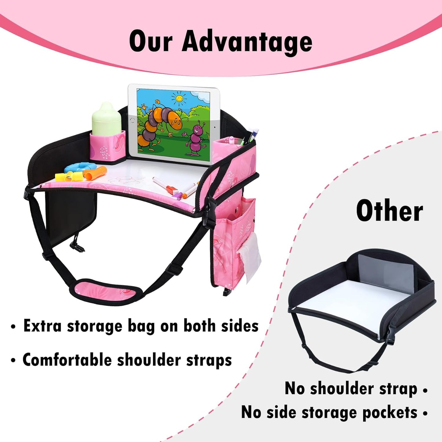 Kids Travel Tray, Car Seat Tray for kids Travel, Toddler Road Trip Essentials With Drawing Kit, Toddler Lap Desk Organizer for Car, Carseat Table for Airplane