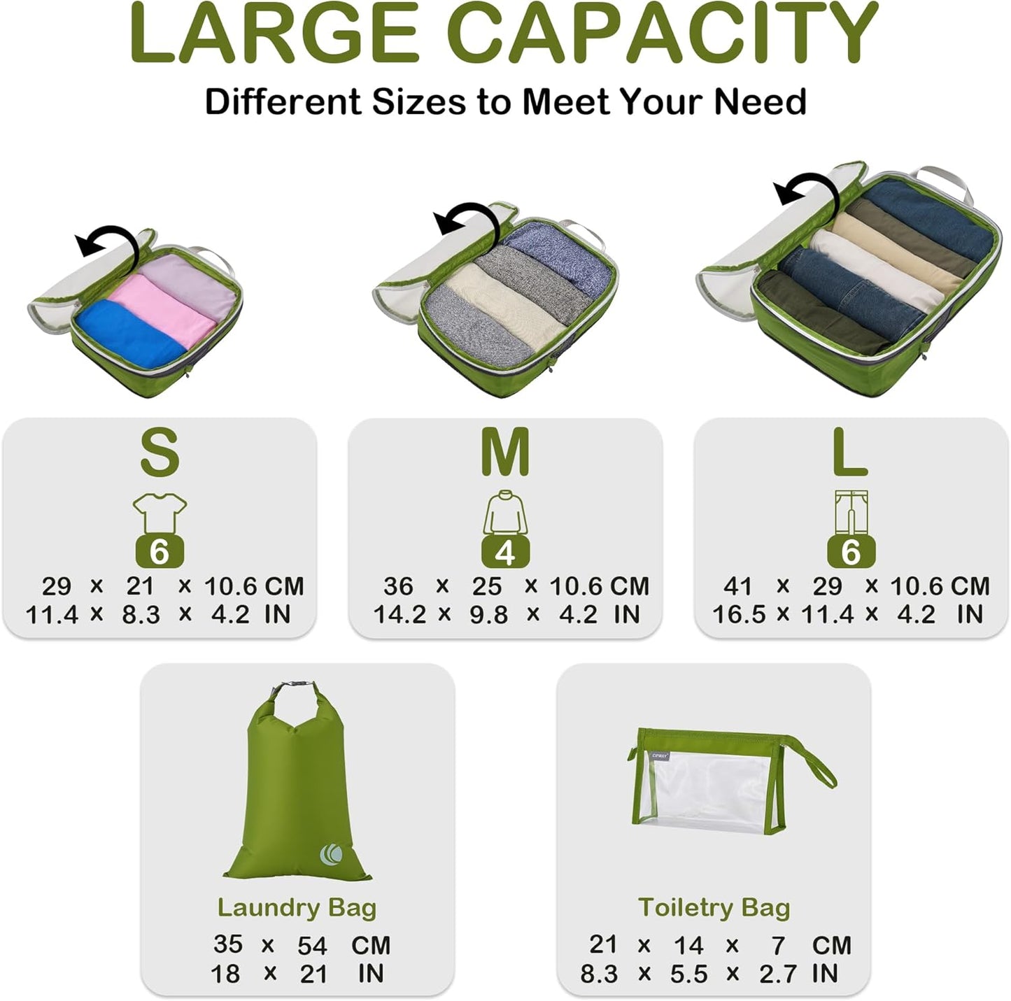 Cipway Compression Packing Cubes, See Through Mesh Luggage Organizer Bags, Travel Essentials for Carry on Suitcase with Laundry Bag and Clear Toiletries Bag（6 Pcs,Green）