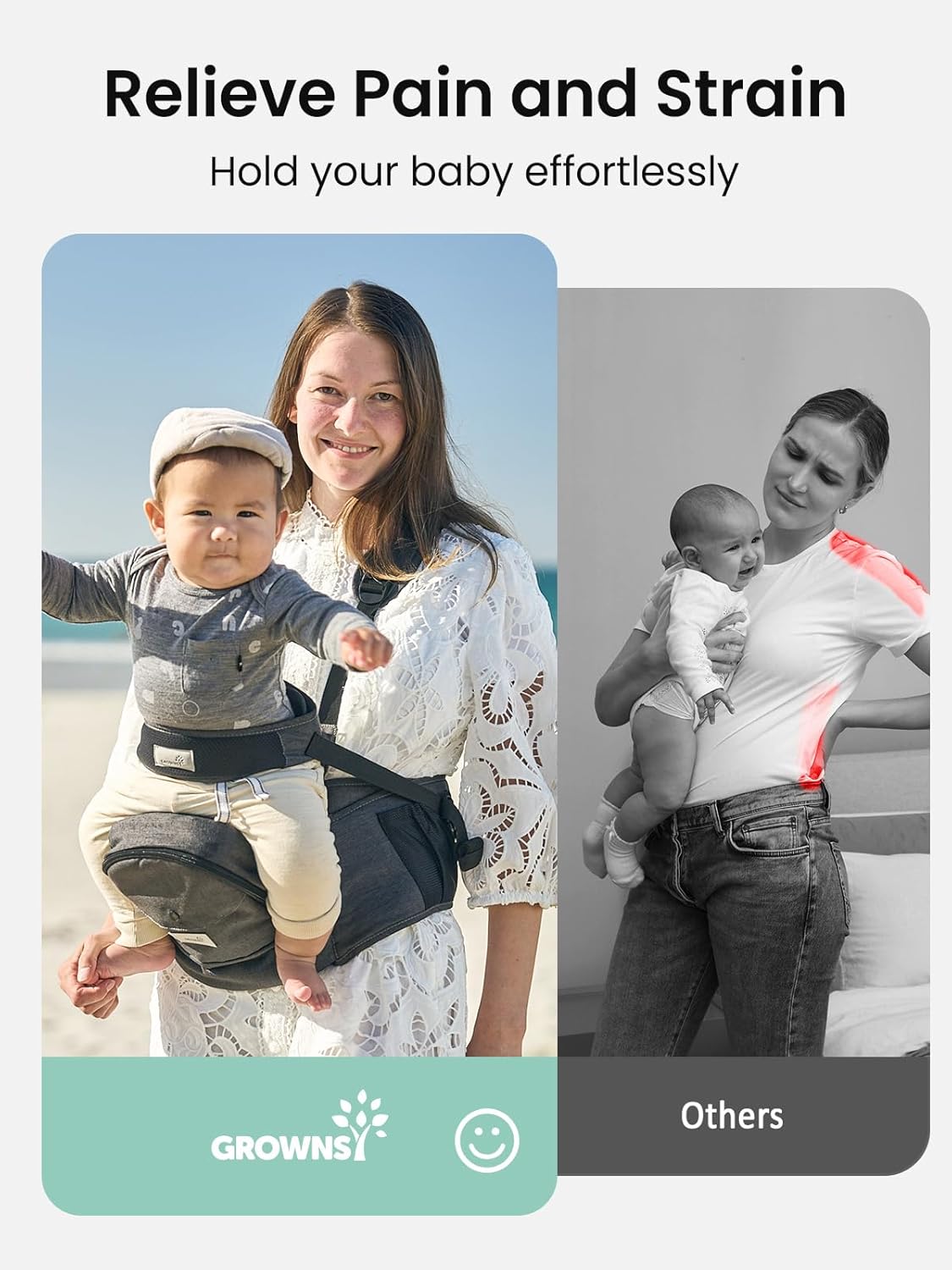 Baby Hip Carrier, GROWNSY Supportive Hip Carrier with Safety Belt for Baby Toddler Up to 50lbs, Large Capacity Pockets, Adjustable Waistband for Different People, Black