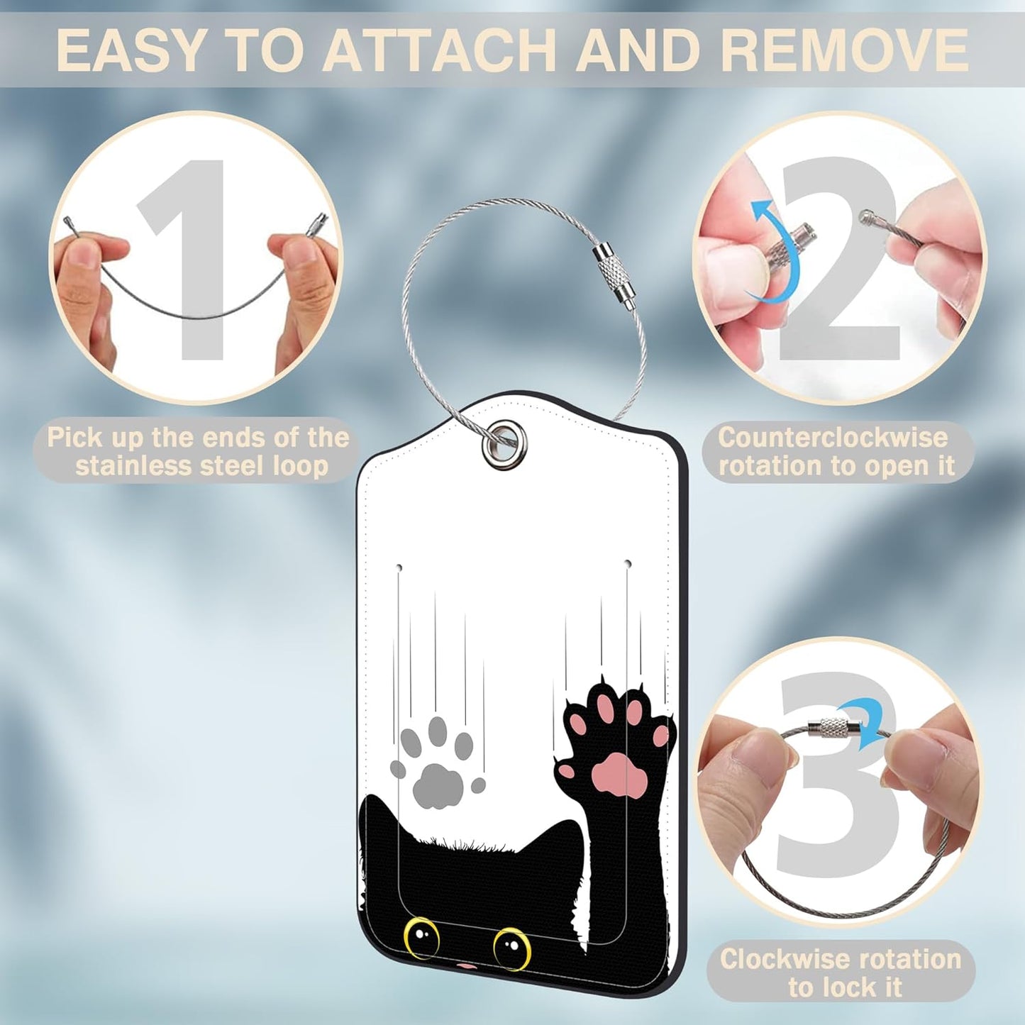 2 Pcs Cute Black Cat Luggage Tags for Suitcases PU Leather Paw Baggage Tags Name ID Label with Privacy Cover and Stainless Steel Loop for Men Women Travel Bag Suitcase