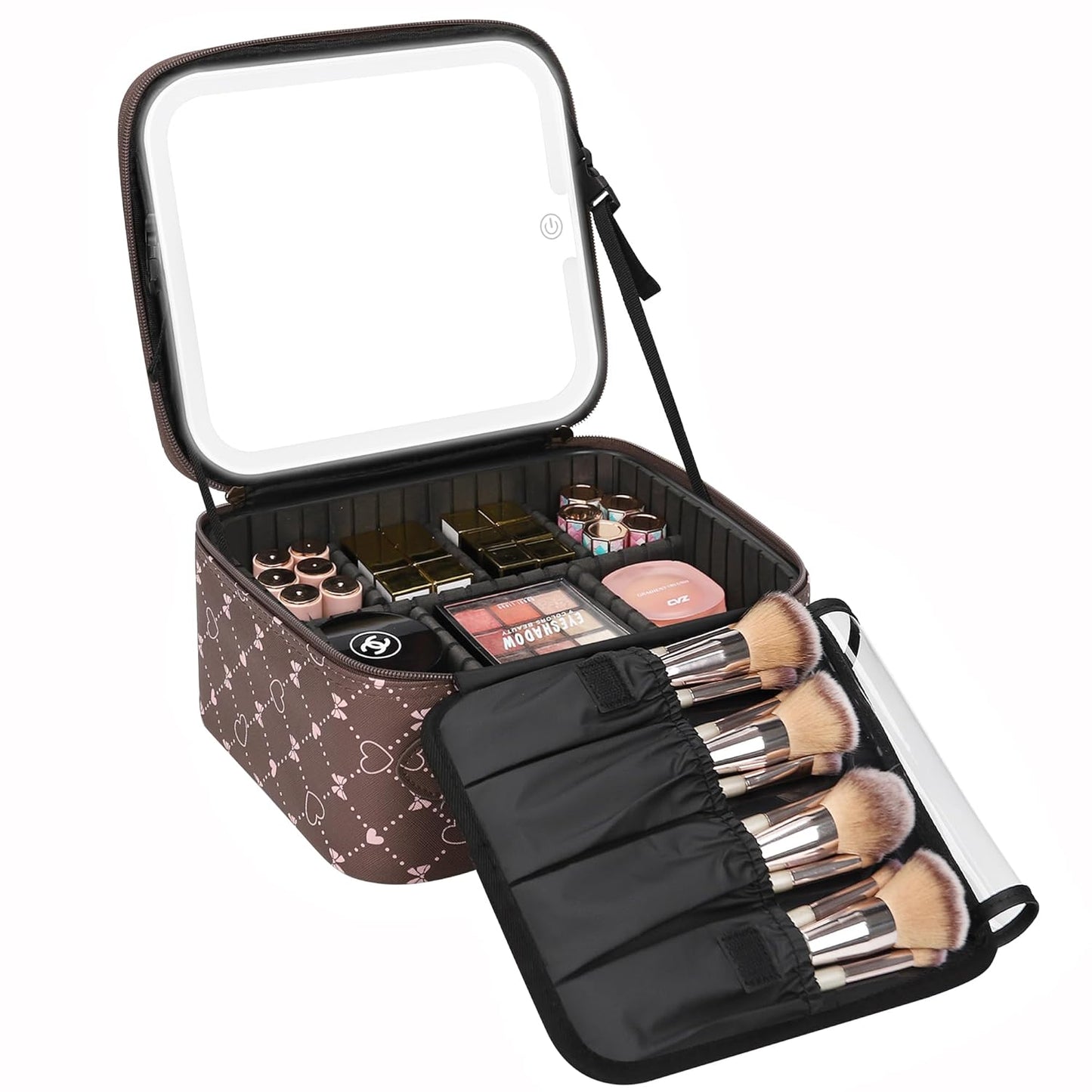 Relavel Travel Makeup Bag With LED Mirror, Portable Cosmetic Organizer Bag with Adjustable Brightness in 3 Color Scenarios, Small Train Case with Detachable Dividers for Trip- Brown Bowknot