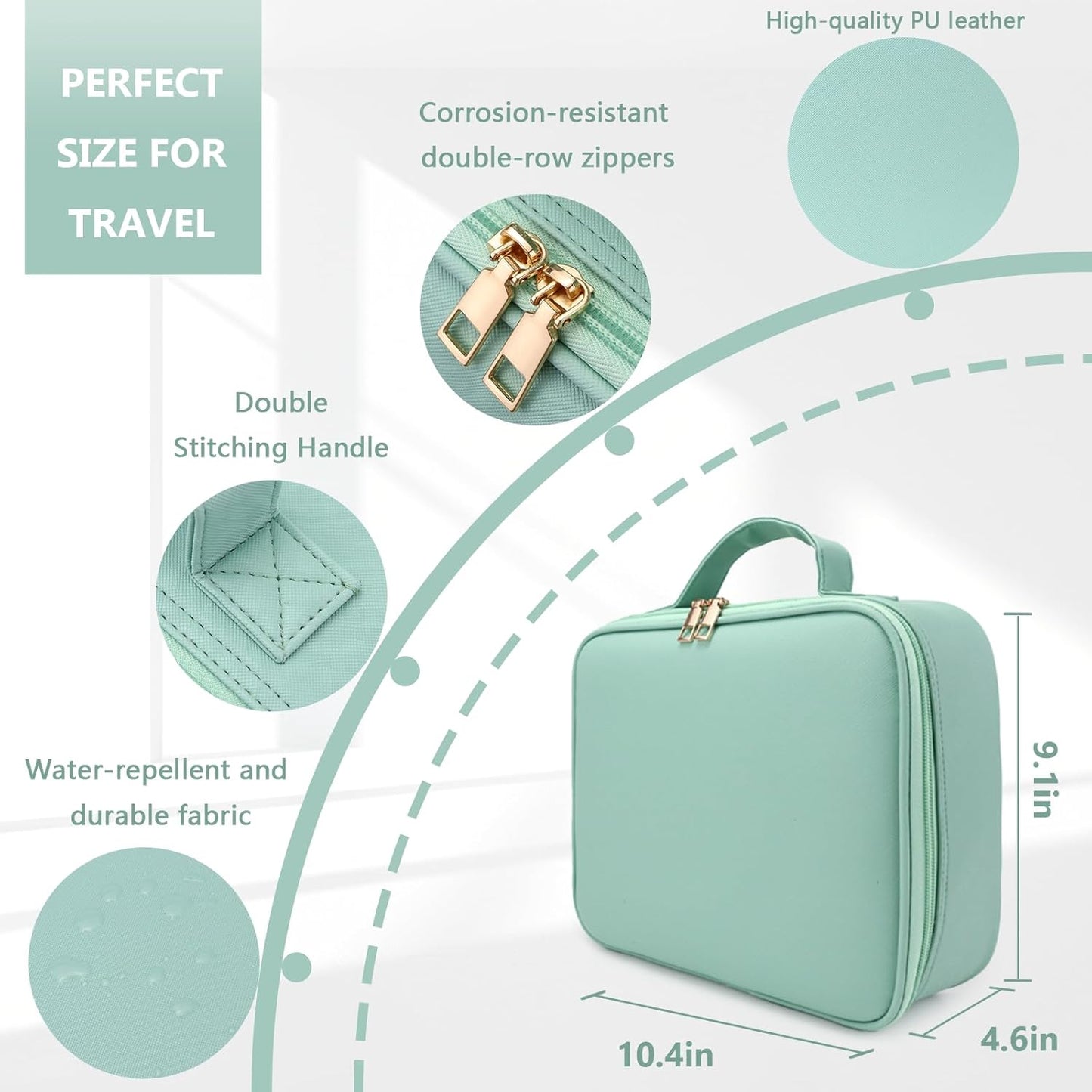 Travel Makeup Bag,with Mirror 3 Color Setting and Detachable 10x Magnifying Mirror Travel Makeup Bag,Portable Storage and Adjustable Dividers （light green）