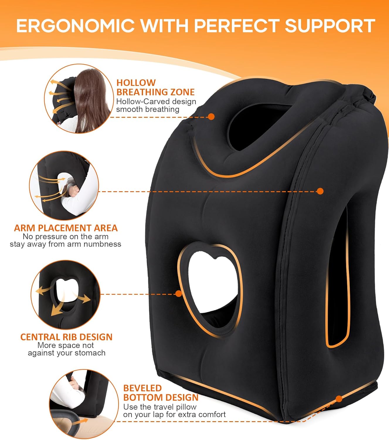 Sunany Travel Pillow, Upgraded Plane Pillow for Long Flights, Inflatable Neck Pillow Used for Airplanes,Cars,Buses,Trains,Office Napping with Eye Mask,Earplugs (Black)