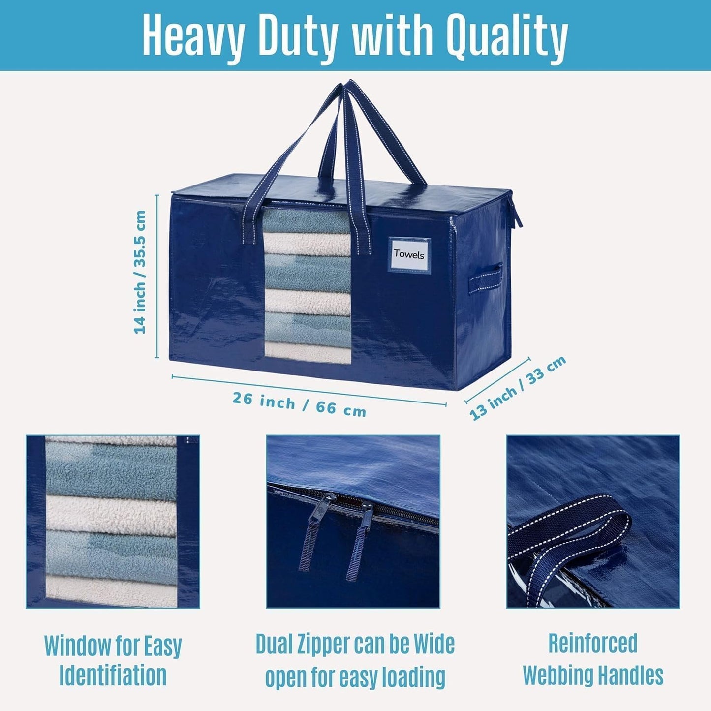 VENO 4 Pack Moving Bags, Comforter and Blanket Storage Bags for Closet, Moving Boxes, Boxes with Lids Alternative, College Dorm Packing Supplies, Foldable Heavy-Duty Tote with Window (Blue, 4 Pack)