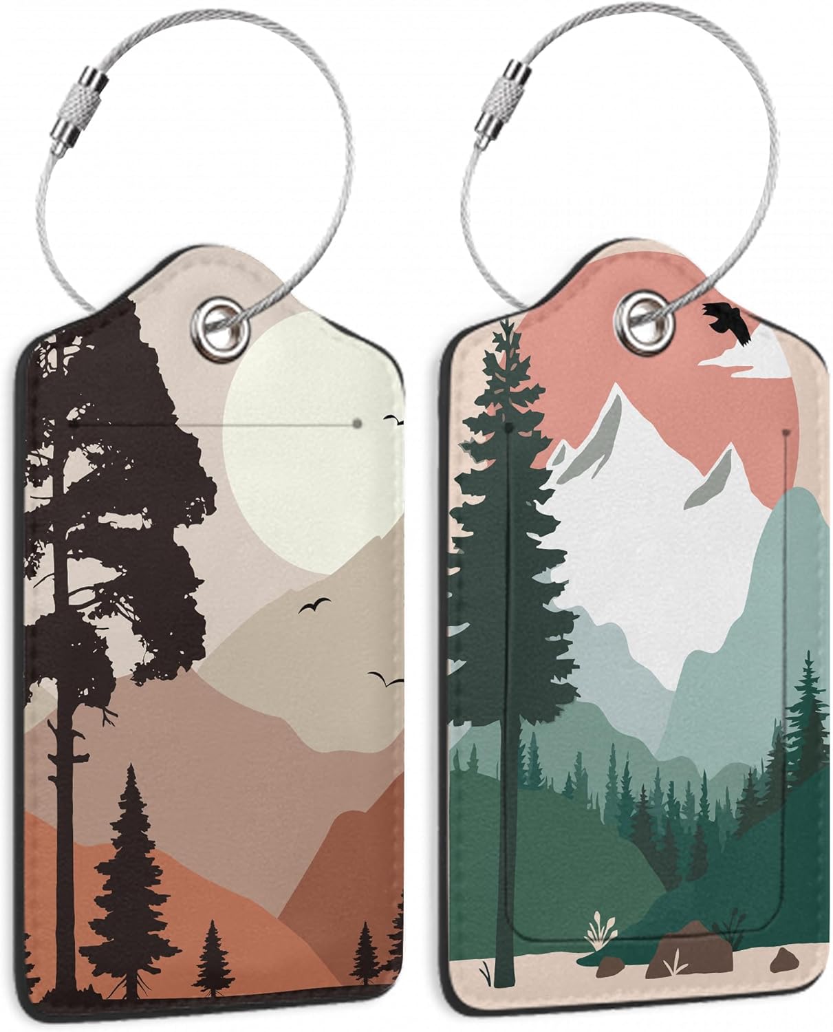 2 Pack Luggage Tag for Suitcase, Landscape Pine Trees Mountains Leather Bag Tags Identifiers Privacy Cover ID Label with Durable Steel Loop for Women Men Kids Girls Travel