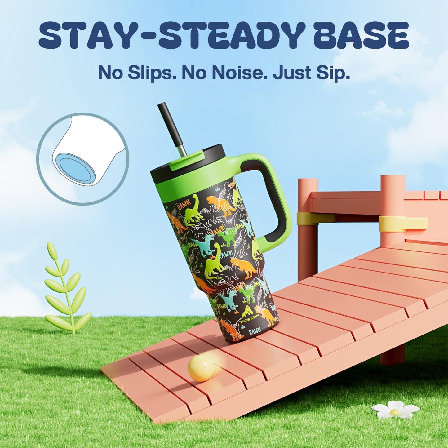 24 oz Kids Tumbler with Straw for Boys: Leakproof, Cold for 26 Hrs, Hot for 10 Hrs, Durable Handle, Insulated Stainless Steel Cup for Daycare, School, Classroom, Playtime, Birthday, Gift (Dino Rawr）