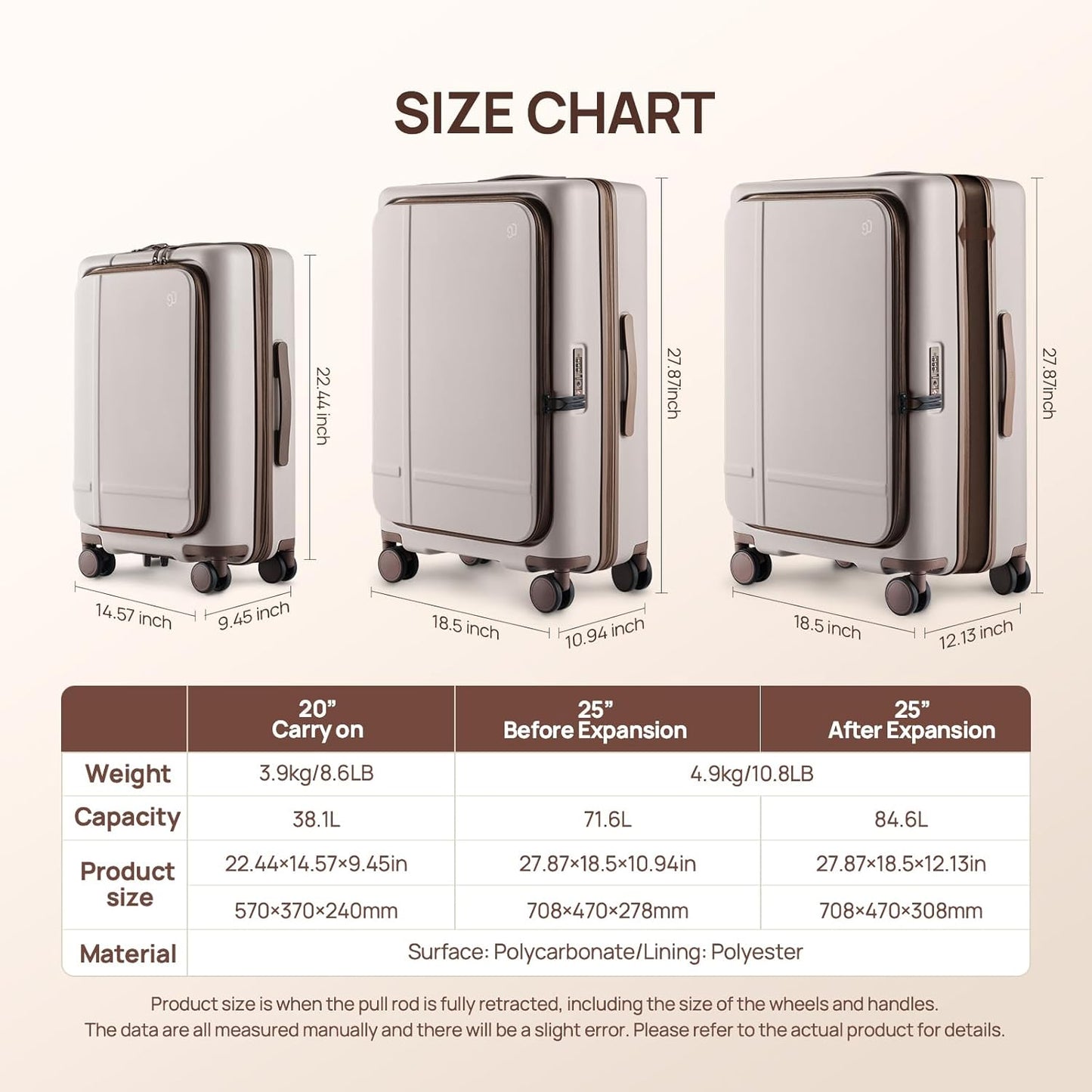 NINETYGO Medium Checked Luggage 25 Inch, Flat Top Opening Checking In Luggage with Cup Holder, Expandable, Coffee-Infused PC Hard Shell, Eco-Friendly, TSA Lock, 360° Spinner Wheels (Latte)