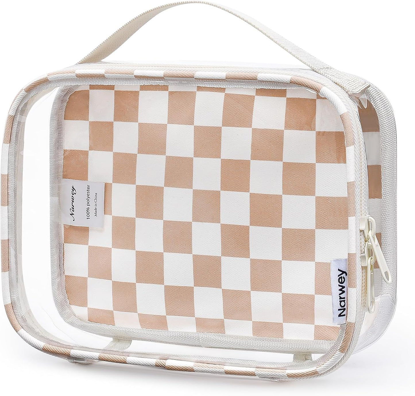 Narwey TSA Approved Clear Toiletry Bag for Travel, Waterproof PVC Clear Makeup Bags, Portable Compact Cosmetic Bag Make Up Organizer, Airport Airline Quart Size Compliant Bag (Light Checkerboard)