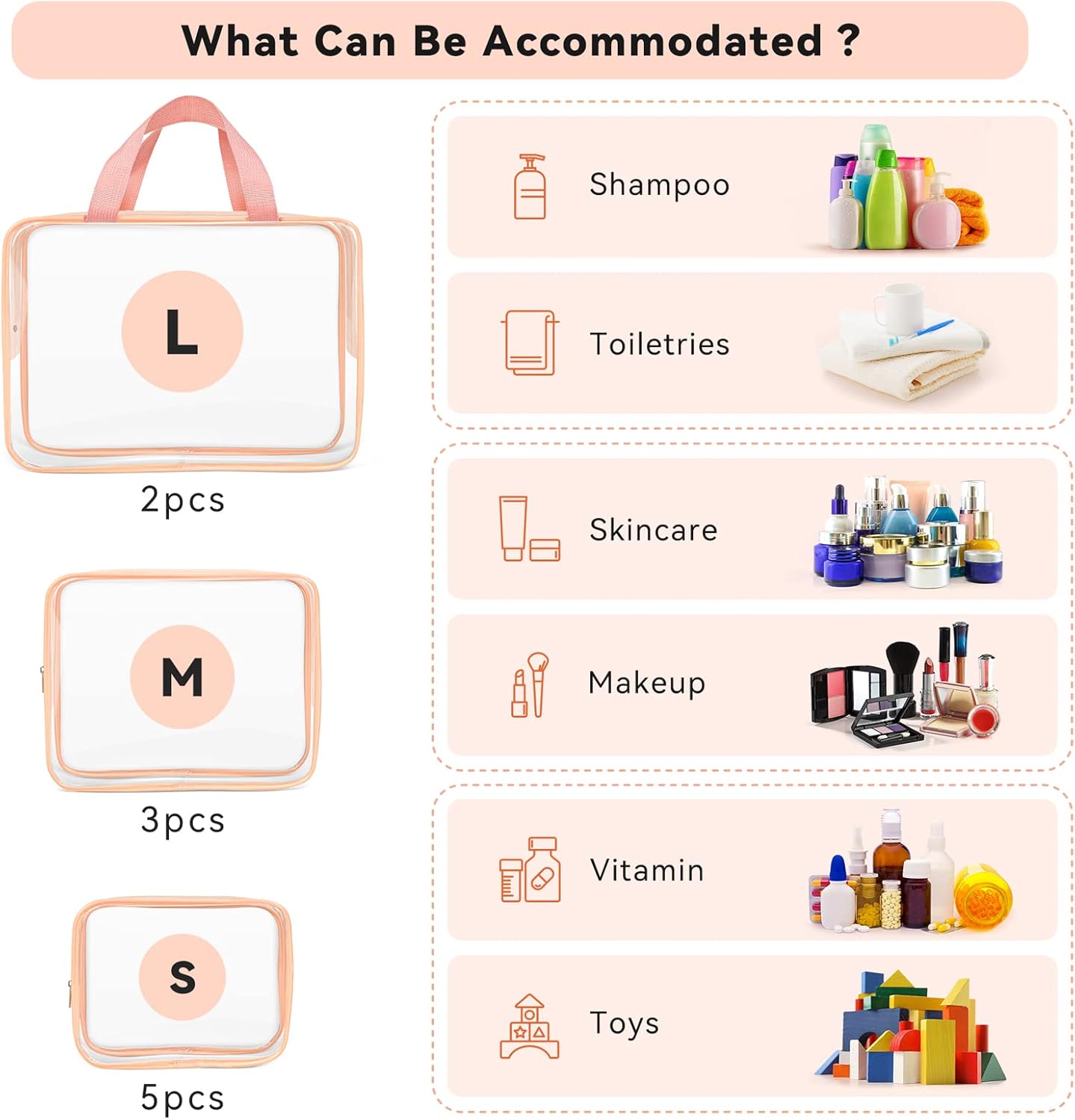 TISRATOK 10 PCS Clear Travel Makeup Toiletry Bag, Plastic PVC Cosmetic TSA Approved Organizer Kit with Zipper Handbag（Pink）