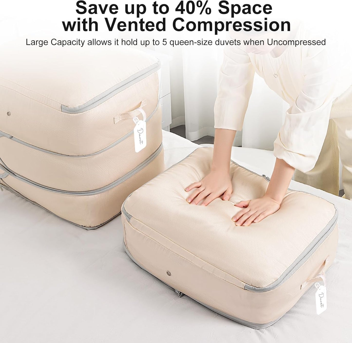 DIMJ Comforter Storage Bag - Large Capacity Ultra Space Saving Self Compression Organize for Duvet, Pillow, Bedding, Blanket Storage Organizer Nylon Compression Bags, Beige, 4 Pack