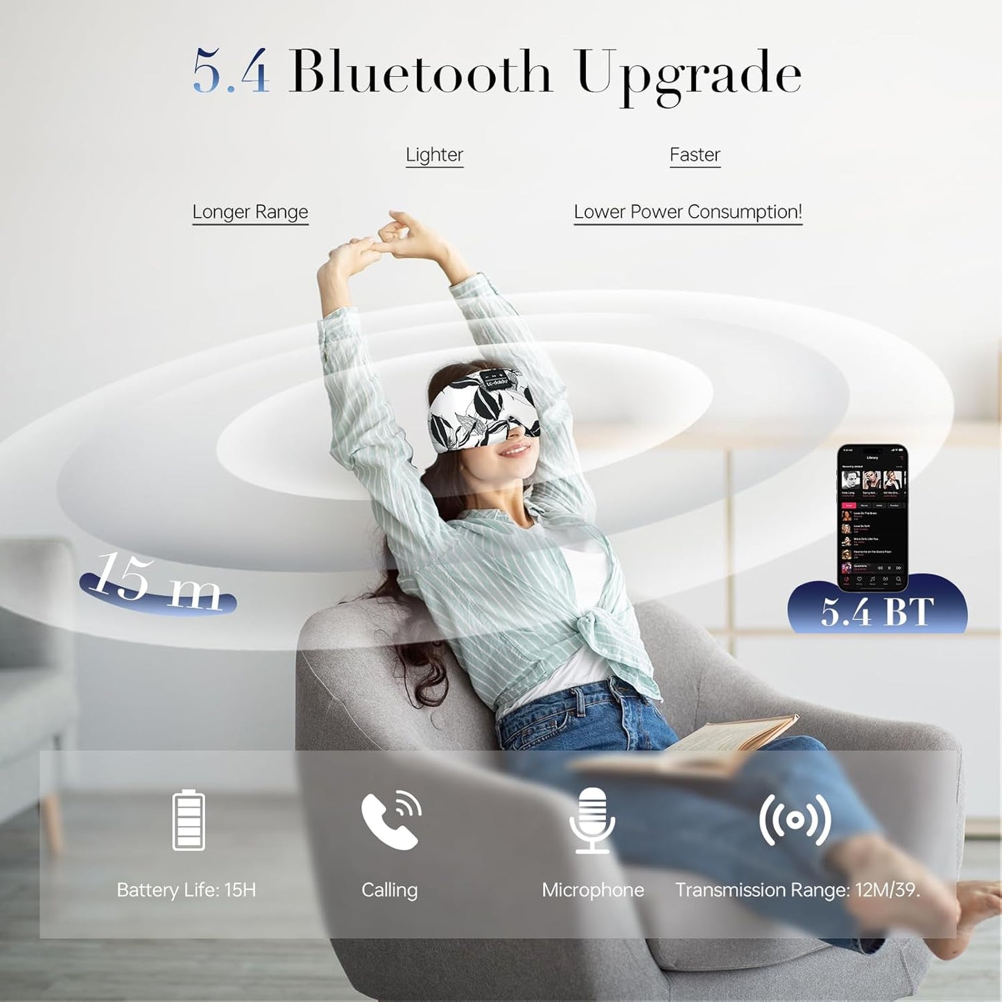 LC-dolida Sleep Mask with Bluetooth Headphones, Extra Large Silk Eye Mask for Sleeping Side Day Sleepers, Sleep Headphones Bluetooth 5.4 for Women Men with Thin Speaker, Blackout, Comfort, Microphone