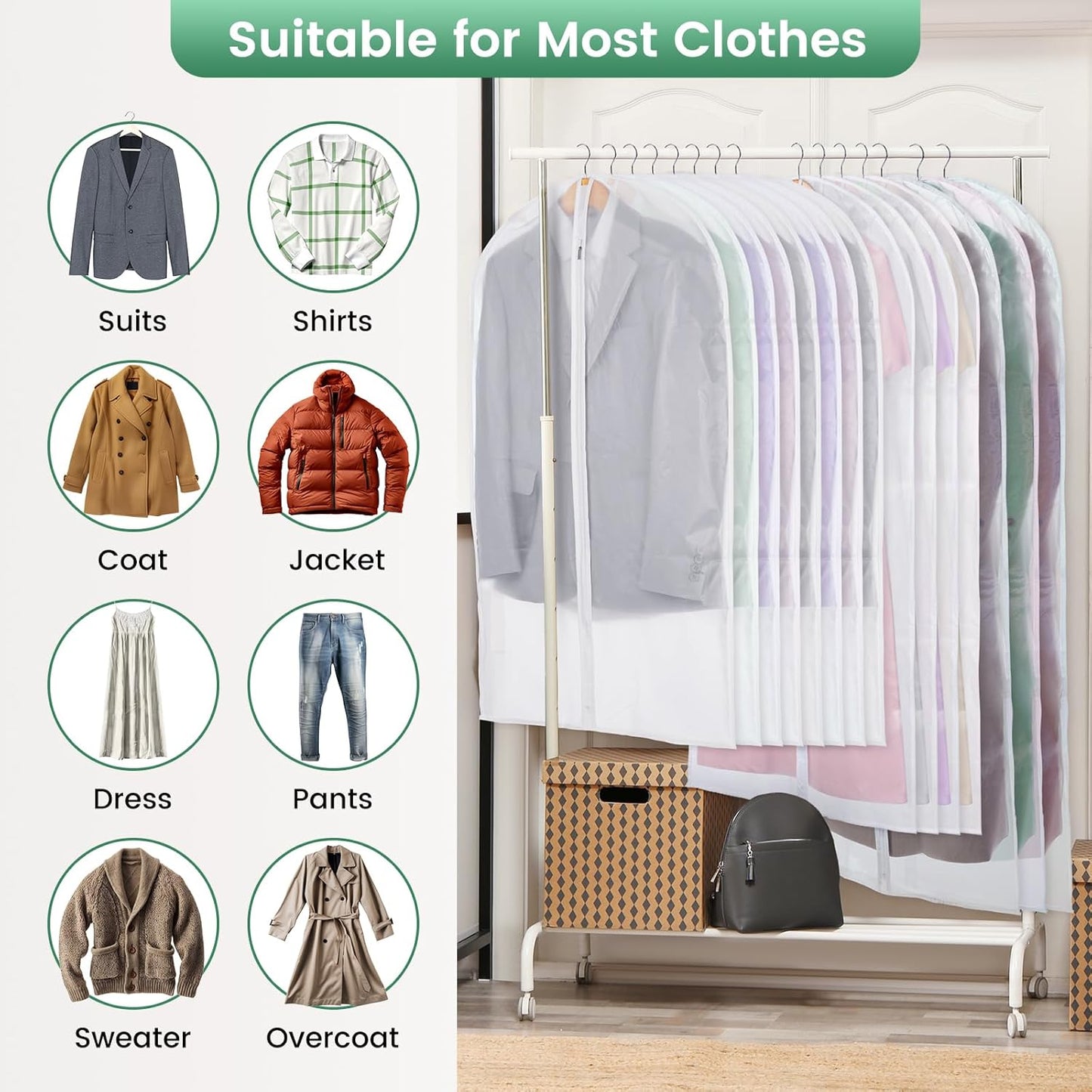 Translucent Garment Bag - 15 Packs Garment Bags for Hanging Clothes Dress Bag Suit Bags for Closet Storage Travel - 24" x 40"/47"/55"