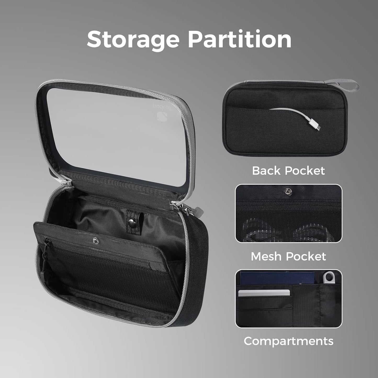 pack all Clear Electronic Organizer, TPU Cable Organizer Bag, Compact Cord Travel Organizer for Cables, Chargers, Phones, USB Cords, SD Cards (Black)