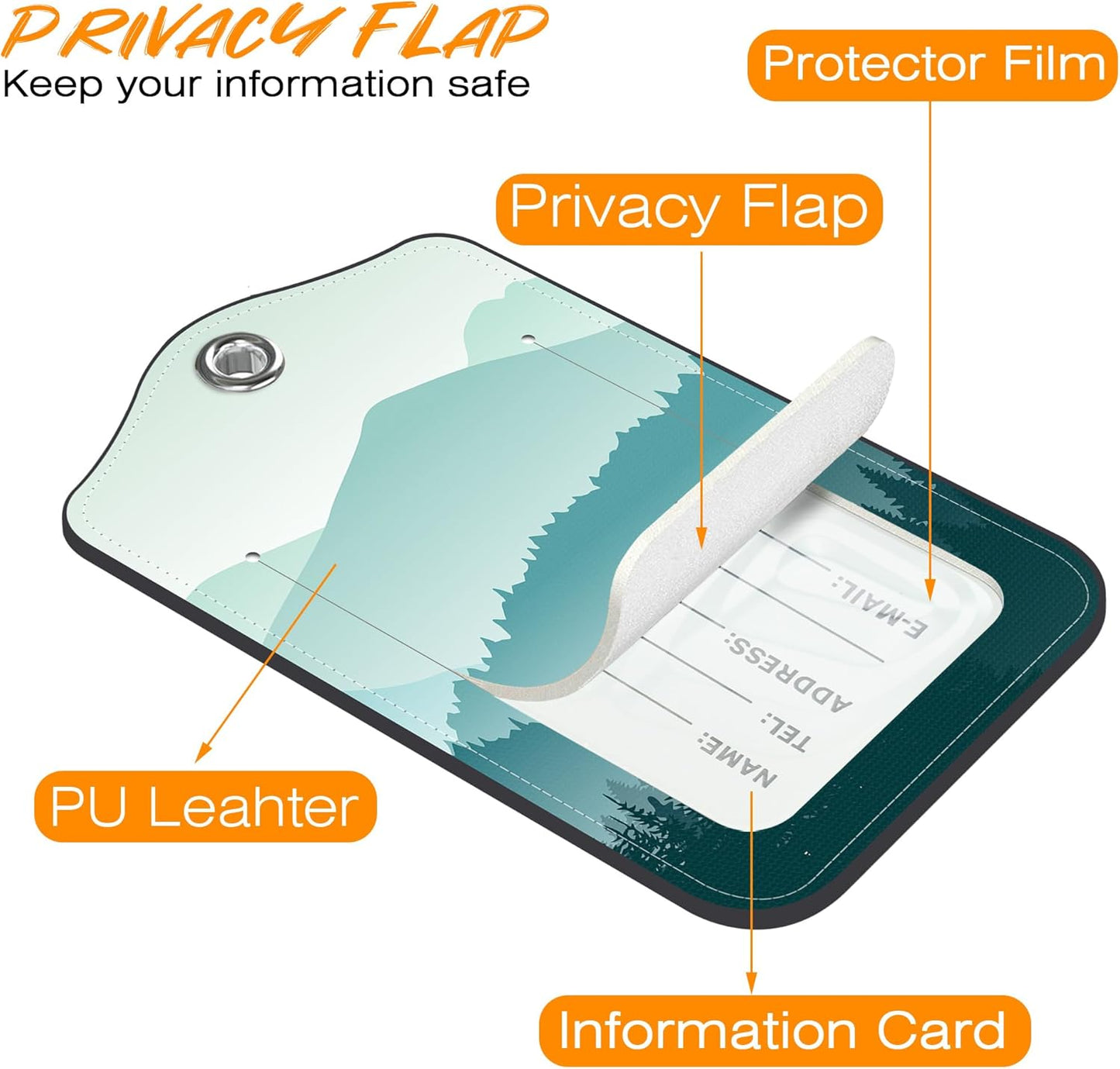 2 Pack Luggage Tag for Suitcase Green Mountain Landscape Leather Travel Cruise Luggage Tag with Stainless Steel Loop Name ID Label Privacy Cover for Adults Teens Travel Bag Labels Set