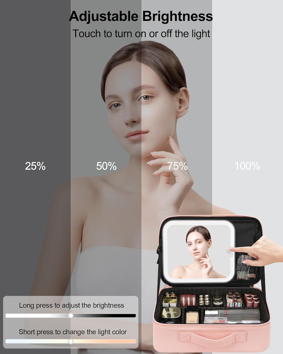 Chomeiu Makeup Bag with LED Mirror, Travel Cosmetic Train Case for Women, Makeup Artists Large Organizer Box with Vanity Light Up Mirror, 3 Color Lights, Adjustable Dividers & Shoulder Strap (Black)