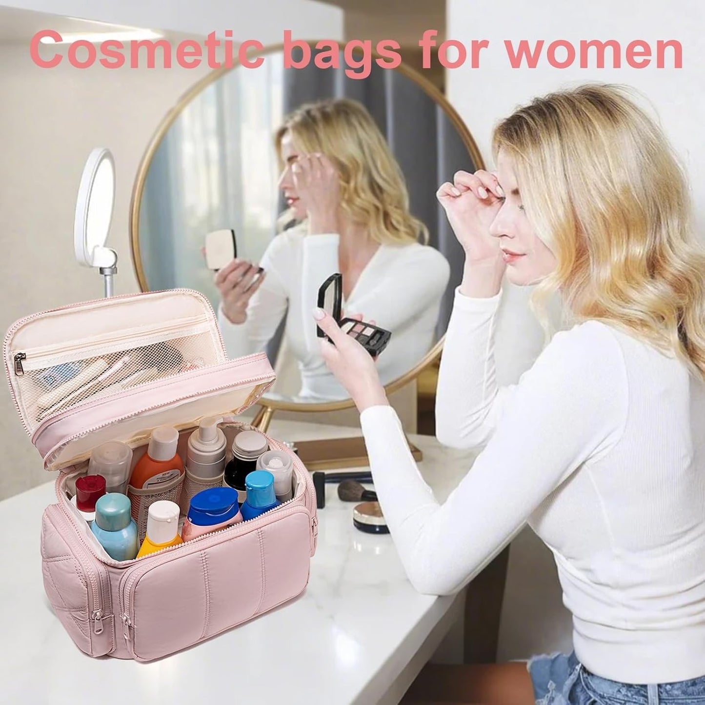 LEDAOU Toiletry Bag for Women,Quilted Travel Makeup Bag Organizer with Double Deck, Large Wide-open Cosmetic Make up Bag for Travel Essentials (Pink Puffy)