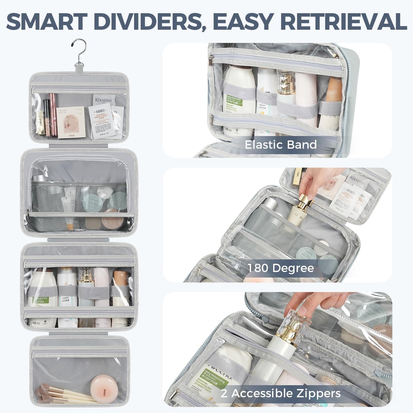 Toiletry Bag For women,Portable Hanging Organizer,4 Leakproof Compartment for full-sized Conditioner, Brushes Set, Makeup Accessories,Visible and easy to access.L-blue