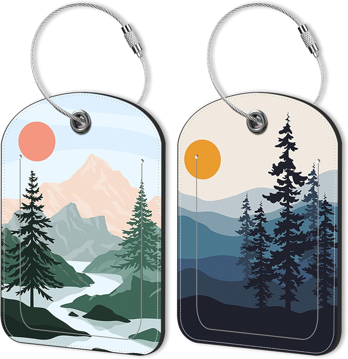 2 Pack Luggage Tag for Suitcase Sun Mountains Tree River Landscape Leather Suitcase Tags with Privacy Name ID Label and Stainless Steel Loop for Travel Bag