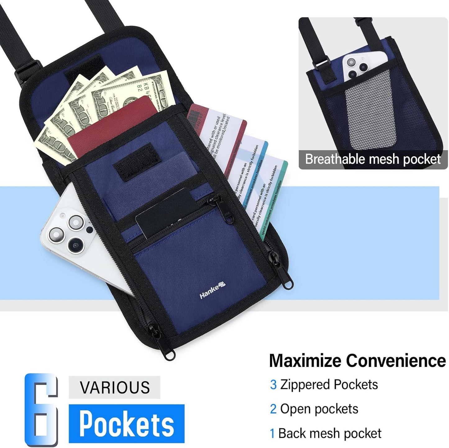Hanke Passport Holder, Travel Wallet for Womens and Men, Neck Wallet Hidden Passport Pouch for Travel Adjustable Lightweight Thin with 6 compartments (Navy Blue)