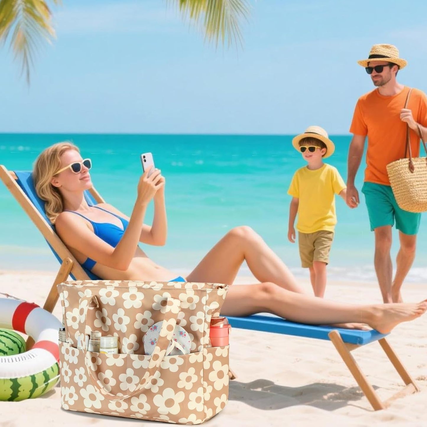 LEDAOU Large Beach Tote Bag Women Waterproof Sandproof Zipper Beach Tote Bag for Pool Gym Grocery Travel with Wet Pocket