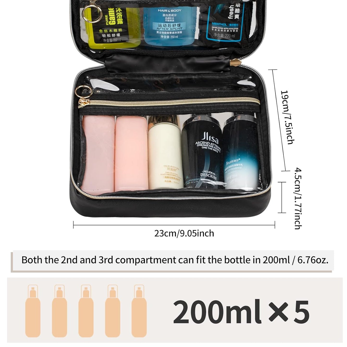 Toiletry Bag for Men, Clear Hanging Toiletries Bag for Travelling, Transparent Makeup Bag Organizer Portable Skincare Cosmetic Pouch for Women, 3 Compartment